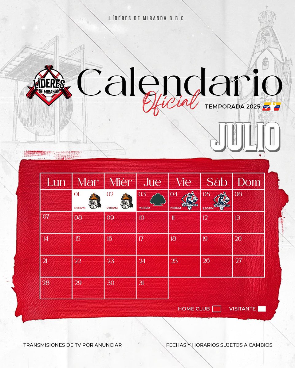 🗓️ Les presentamos el calendario de Líderes de Miranda para la temporada 2025 de la @lmbp_ve 

🔴 Apoya a la tropa mirandina en su nueva casa, el estadio José Bernardo Pérez de Valencia 

⚠️ Fechas y horarios sujetas a cambio 

¡Vamos Líderes! 😎

#SomosLíderes