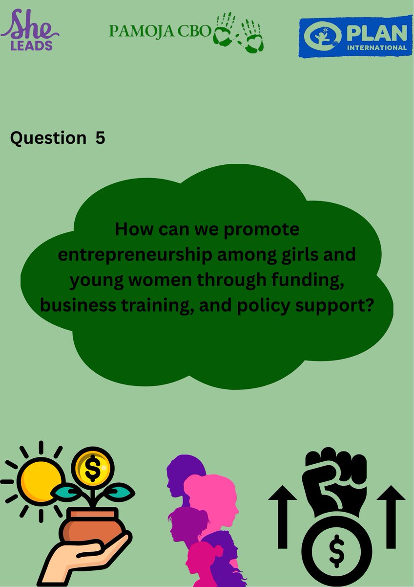 Pamoja Community-Based Organisation (@pamojacbo_ke) on Twitter photo Question 5
How can we promote entrepreneurship among girls and young women through funding, business training and policy support?
#EmpowerHerNow
#OpportunitiesforHer
<a href="/PlanKenya/">Plan International Kenya</a>
<a href="/SheLeadsKenya/">She Leads Kenya</a>
<a href="/ImarishaFuture/">ImarishaFuture ForGirlsCBO</a> Question 5
How can we promote entrepreneurship among girls and young women through funding, business training and policy support?
#EmpowerHerNow
#OpportunitiesforHer
<a href="/PlanKenya/">Plan International Kenya</a>
<a href="/SheLeadsKenya/">She Leads Kenya</a>
<a href="/ImarishaFuture/">ImarishaFuture ForGirlsCBO</a>