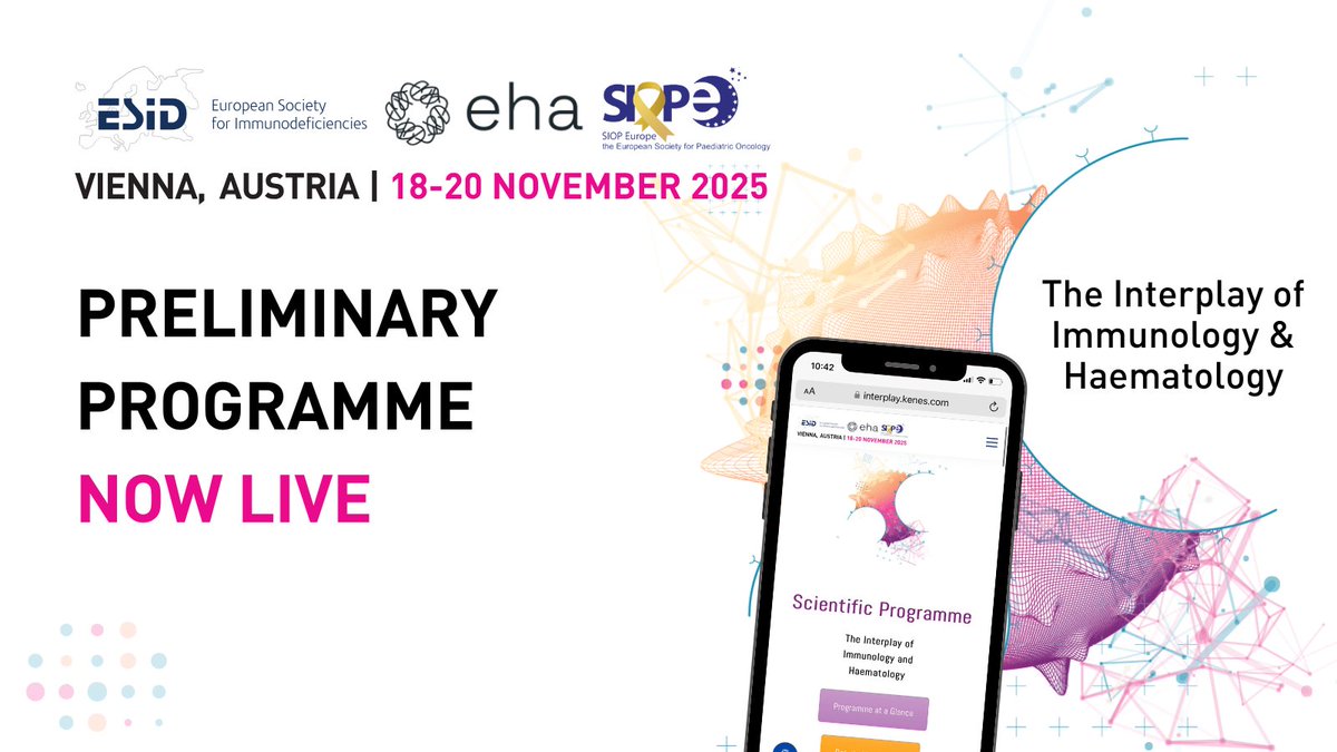 Preliminary Programme is LIVE!
Explore how immunology, haematology &amp; oncology come together at the ESID–EHA–SIOPE Focused Symposium 2025.
🧬 From IEI to CAR T-cells—collaboration is key to better care.
📅 Check the sessions: bit.ly/41J3FIE
#Interplay2025 #ESID
