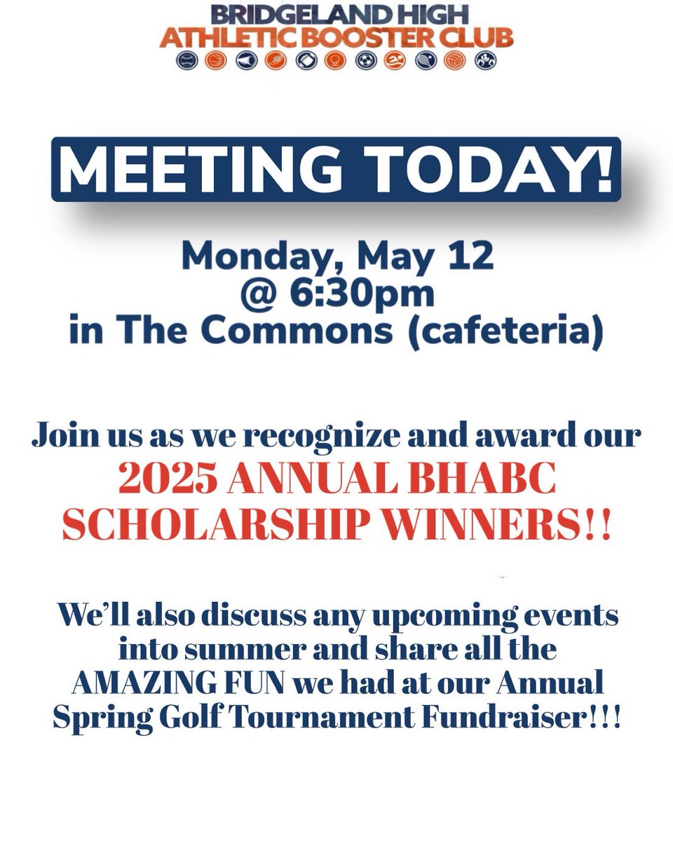 🚨BHABC MEETING TODAY🚨 Join us at 6:30pm in The Commons! We’ll be awarding our BHABC Scholarship Winners!!!