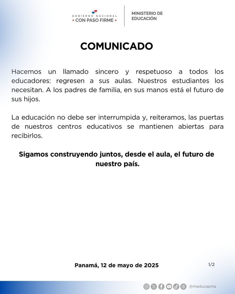 RetenChiriqui's tweet image. 🚨 MEDUCA retiene salarios a docentes que no han asistido a clases y llama a regresar a las aulas. La ministra afirma: “Debemos defender el derecho a la educación”. Las escuelas siguen abiertas.
retenchiriqui.com/post/meduca-re…
#EducaciónPanamá #MEDUCA #RetornoALasAulas #Panamá
