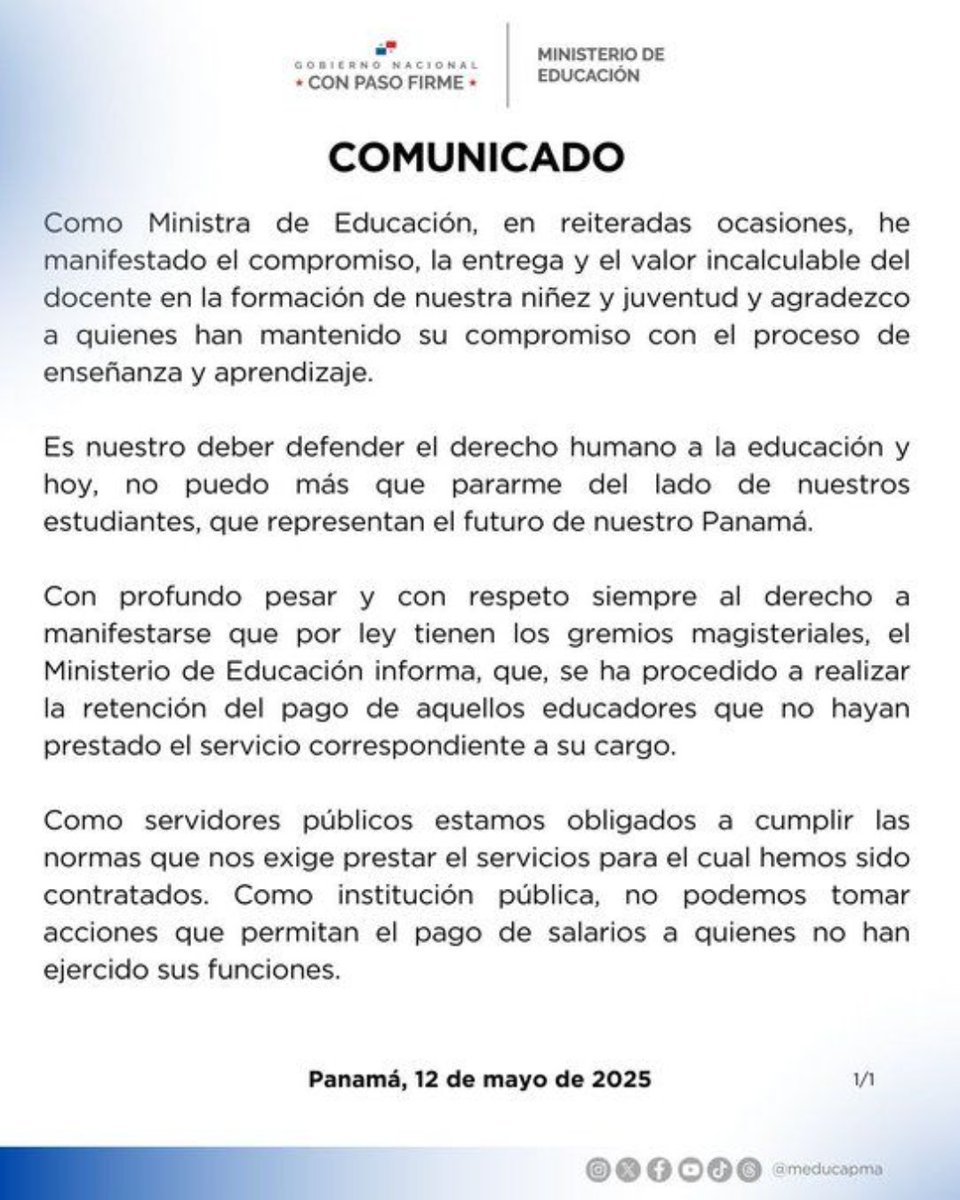 RetenChiriqui's tweet image. 🚨 MEDUCA retiene salarios a docentes que no han asistido a clases y llama a regresar a las aulas. La ministra afirma: “Debemos defender el derecho a la educación”. Las escuelas siguen abiertas.
retenchiriqui.com/post/meduca-re…
#EducaciónPanamá #MEDUCA #RetornoALasAulas #Panamá