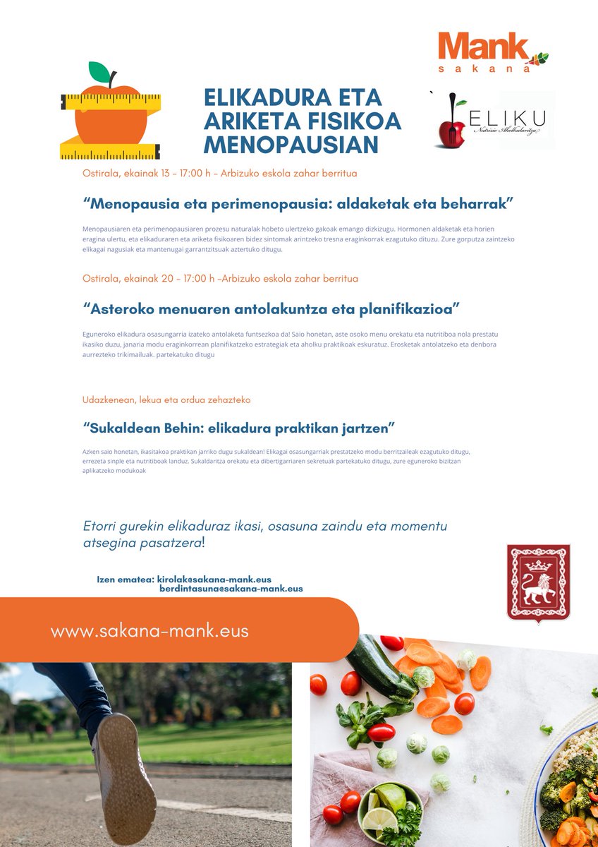 🍏🍉🍗ELIKADURA ETA ARIKETA FISIKOA MENOPAUSIAN

"Menopausia eta perimenopausia: aldaketak eta beharrak”
🗓️Ekainak 13

“Asteroko menuaren antolakuntza eta planifikazioa”
🗓️Ekainak 20

🕑17:00
📍Arbizuko eskola zahar berritua

ℹ️✍️sakana-mank.eus/elikadura-eta-…