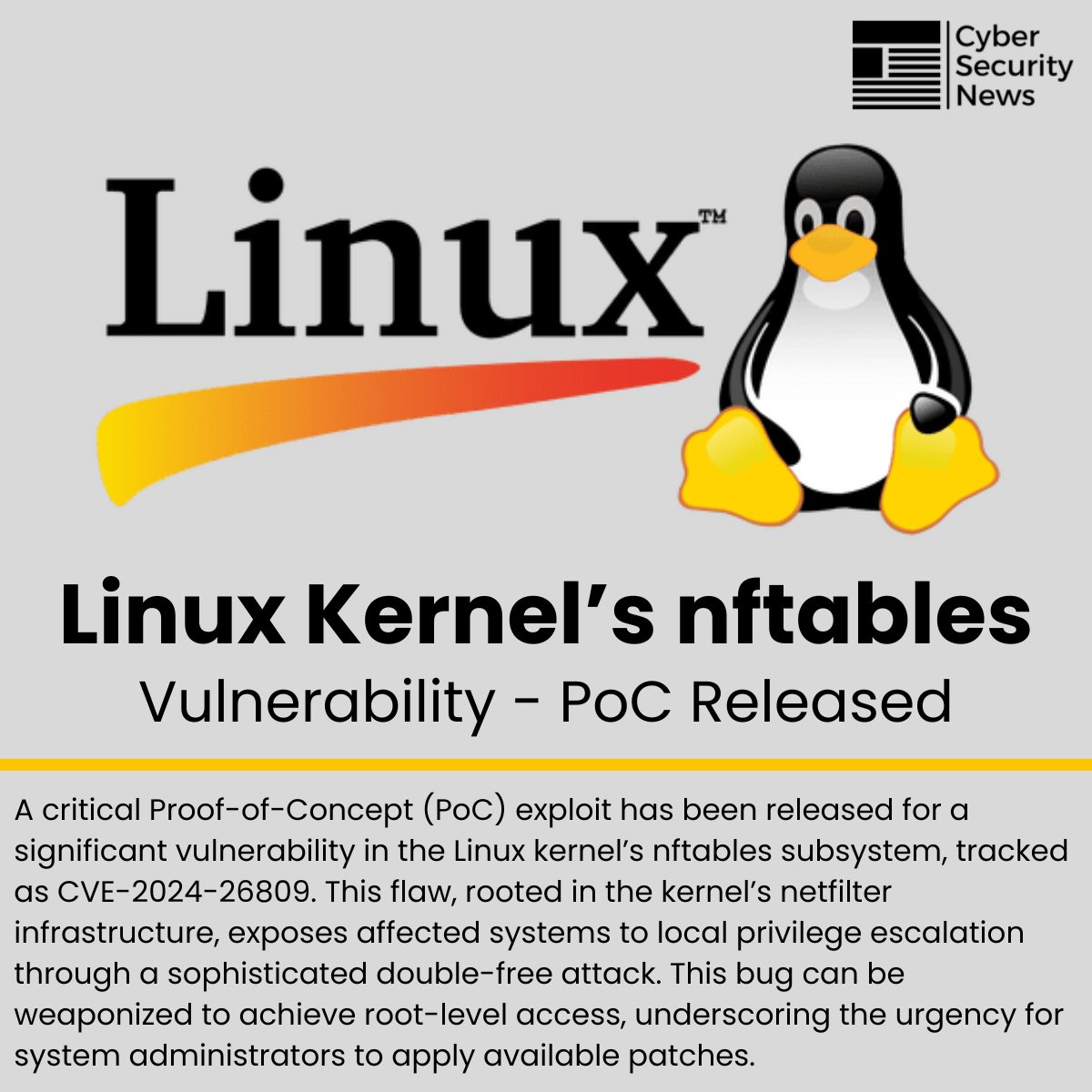 Anastasis_King's tweet image. 🔥 PoC Released for Critical Linux Kernel Vulnerability (CVE-2024-26809)
A Proof-of-Concept (PoC) exploit has been released for a high-severity vulnerability in the Linux kernel’s nftables subsystem, tracked as CVE-2024-26809.
#LinuxKernel #CVE202426809 #nftables #CyberSecurity