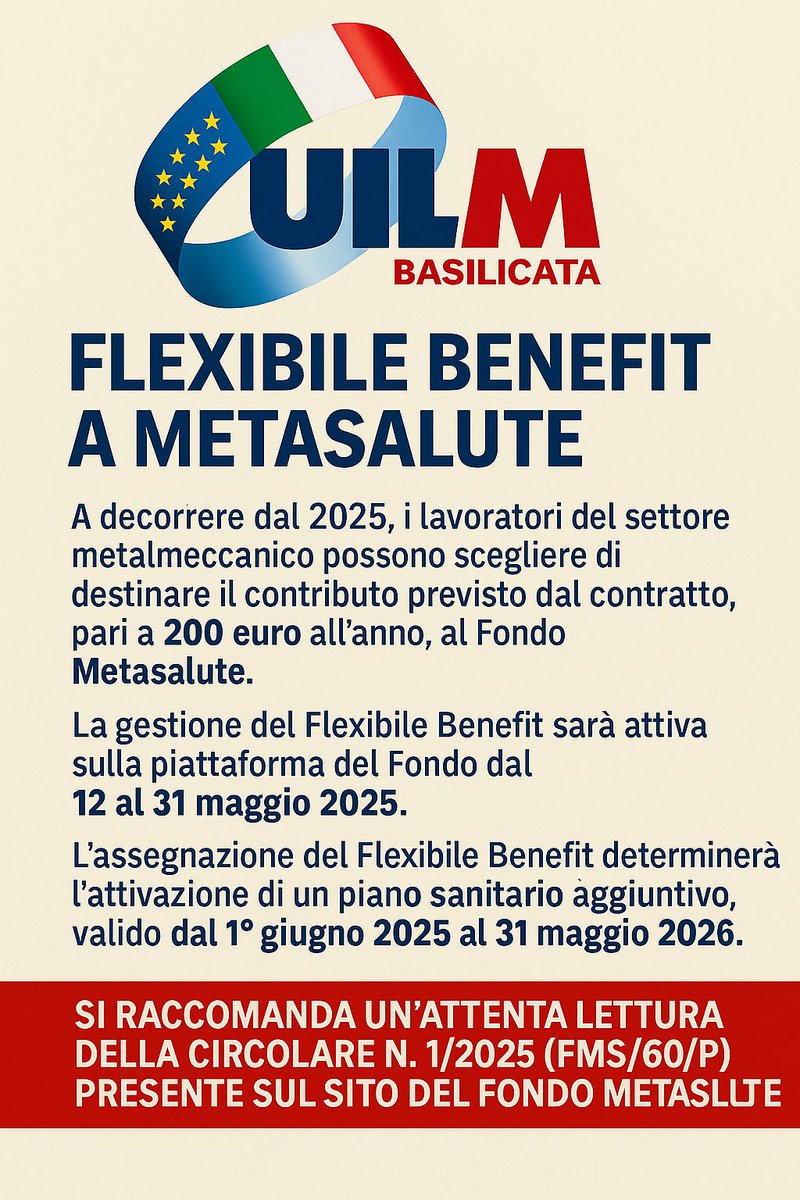 UilmBasilicata's tweet image. FLEXIBLE BENEFIT A METASALUTE: NOVITÀ DAL 2025

A decorrere dal 2025, i lavoratori del settore metalmeccanico possono scegliere di destinare il contributo previsto dal contratto, pari a 200 euro all’anno, al Fondo Metasalute.

facebook.com/share/p/16HL2H…