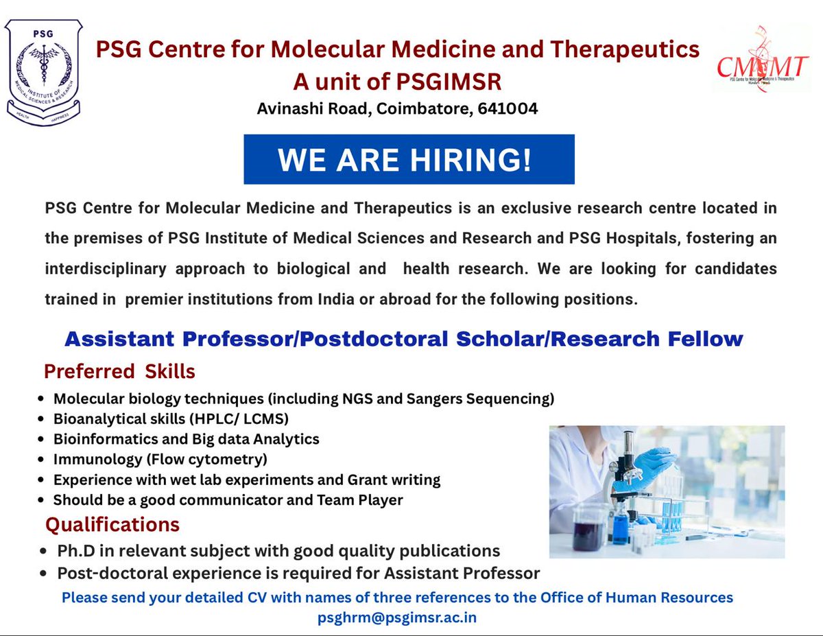PSG Hospitals (@psghospitals) on Twitter photo We are Hiring !!! Position: Assistant Professor/Postdoctoral Scholar/ Research Fellow. Send us your CV at psghrm@psgimsr.ac.in #PSG #PSGHospitals #psgimsr #psgsuperspeciality #hiring #medical #healthcarejob #hospital #molecularmedicine We are Hiring !!! Position: Assistant Professor/Postdoctoral Scholar/ Research Fellow. Send us your CV at psghrm@psgimsr.ac.in #PSG #PSGHospitals #psgimsr #psgsuperspeciality #hiring #medical #healthcarejob #hospital #molecularmedicine