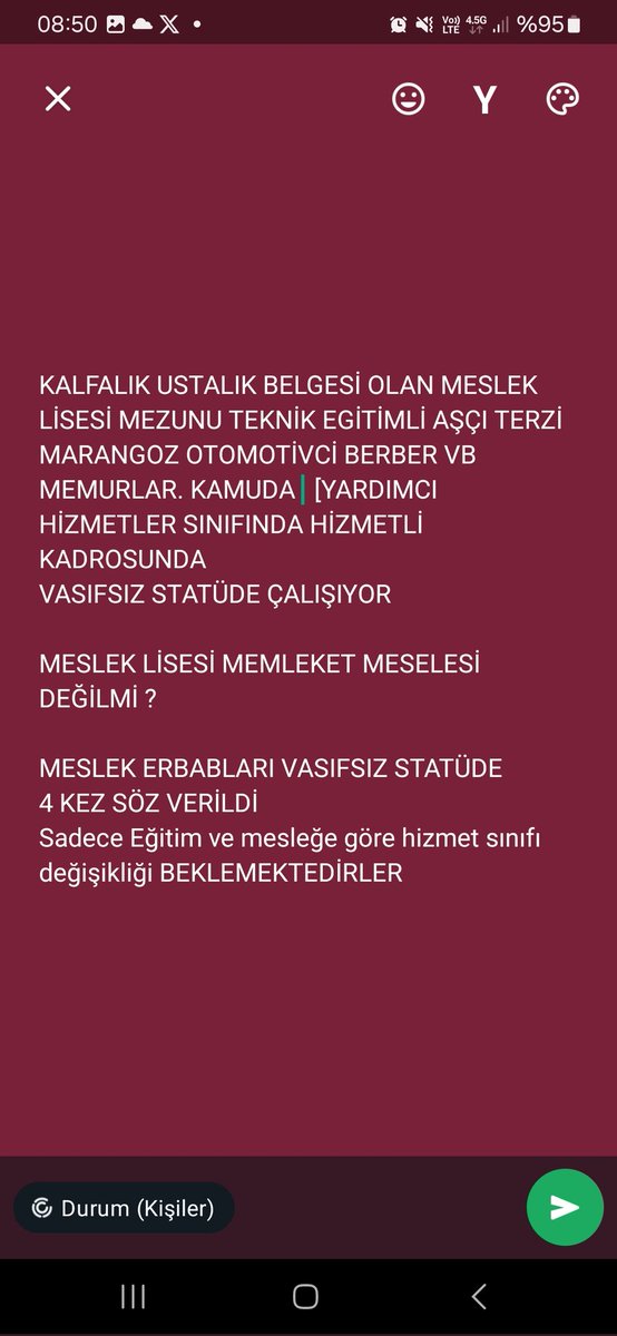 MehnetkayaKaya's tweet photo. @ahmetunluysafak Ahmet bey 
Sn @ahmetunluysafak
KALİFİYE (AŞÇI Terzi  Otomotiv'ci vb) görev yapan meslek lisesi mezunu memurlar 

#YardımcıHizmetlerSınıfı nda olduğu için VASIFSIZ statüdedir 

SÖZ VERİLEN meslek lisesi mezunu KALİFİYE Memur Teknik Hizmetler Sınıfına geçişin yapılmasını bekliyor https://t.co/4oshbbXQtX