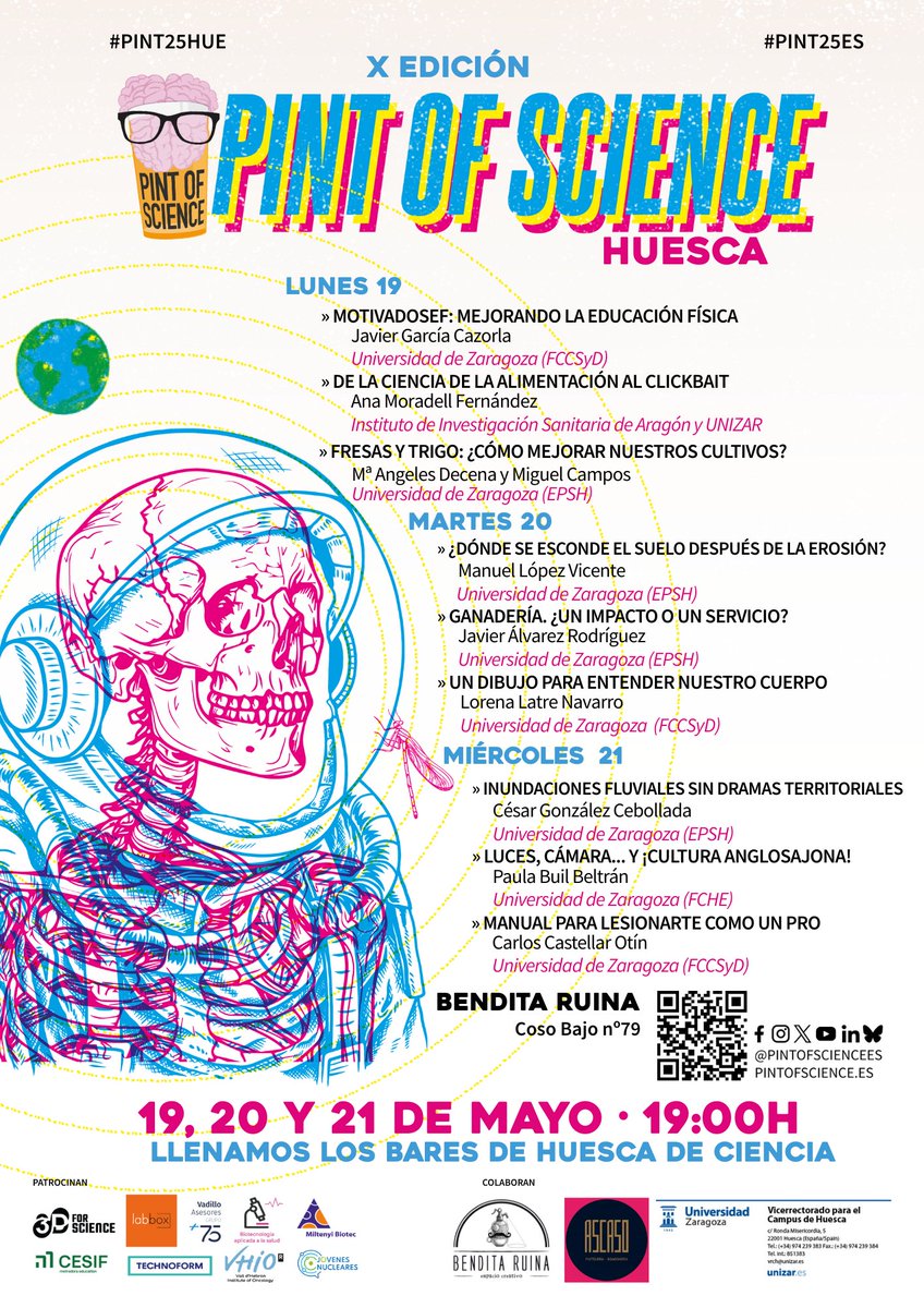 🍻 ¡La ciencia invade los bares de Huesca!

📅 19-21 mayo | 🕖 19:00h

📍 Bendita Ruina, Huesca.

Charlas de ciencia amenas y para todos.

+info 👉 pintofscience.es

#Pint25HUE #Pint25ES #CienciaEnLosBares