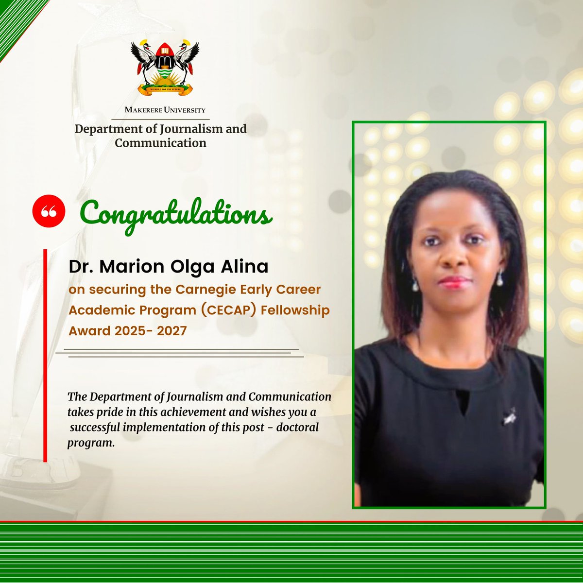 MakerereJournalism (@jocommakerere) on Twitter photo Congratulations <a href="/marionalina/">@marionalina</a> on receiving the Carnegie Early Career Academic Program (CECAP) fellowship award 2025-2027. We wish you a successful implementation of this pos doctoral program #DJCResearch <a href="/nakiwalaaisha/">Nakiwala Aisha</a> <a href="/FKakooza/">fred kakooza</a> <a href="/snamso/">𝔖𝔞𝔯𝔞 𝔑𝔞𝔪𝔲𝔰𝔬𝔤𝔞-𝔎𝔞𝔞𝔩𝔢</a> <a href="/wakaija/">Wilson Akiiki Kaija</a> <a href="/Imokola/">John Baptist Imokola</a> Congratulations <a href="/marionalina/">@marionalina</a> on receiving the Carnegie Early Career Academic Program (CECAP) fellowship award 2025-2027. We wish you a successful implementation of this pos doctoral program #DJCResearch <a href="/nakiwalaaisha/">Nakiwala Aisha</a> <a href="/FKakooza/">fred kakooza</a> <a href="/snamso/">𝔖𝔞𝔯𝔞 𝔑𝔞𝔪𝔲𝔰𝔬𝔤𝔞-𝔎𝔞𝔞𝔩𝔢</a> <a href="/wakaija/">Wilson Akiiki Kaija</a> <a href="/Imokola/">John Baptist Imokola</a>