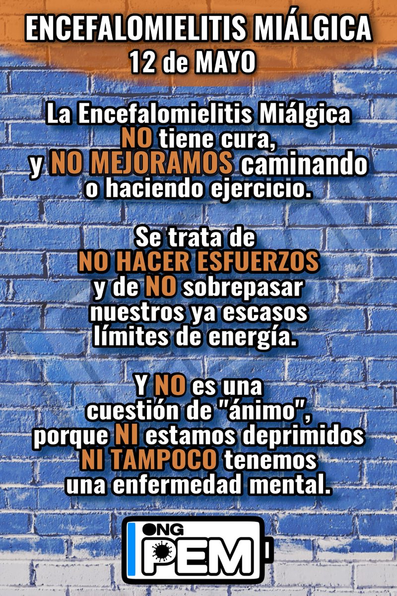 🟦La #EncefalomielitisMialgica es una enfermedad crónica que NO TIENE CURA. Para esta enfermedad, las terapias basadas en el ejercicio, como la terapia de ejercicio gradual, están contraindicadas (sería como dar azúcar a un diabético). Tampoco es una enfermedad psicosomática ni