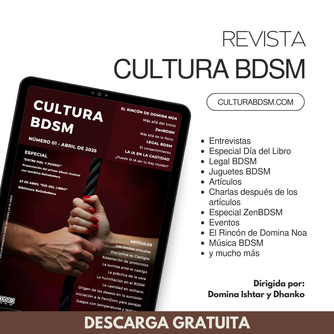📖 ¡El BDSM tiene nueva revista! bit.ly/CulturaBDSM01 Primer número de #CulturaBDSM ya online: contenido exclusivo, formación real y charlas profundas que despertarán tu pasión.
TOTALMENTE GRATIS, DESCARGA DIRECTA
#revistaBDSM #BDSM
