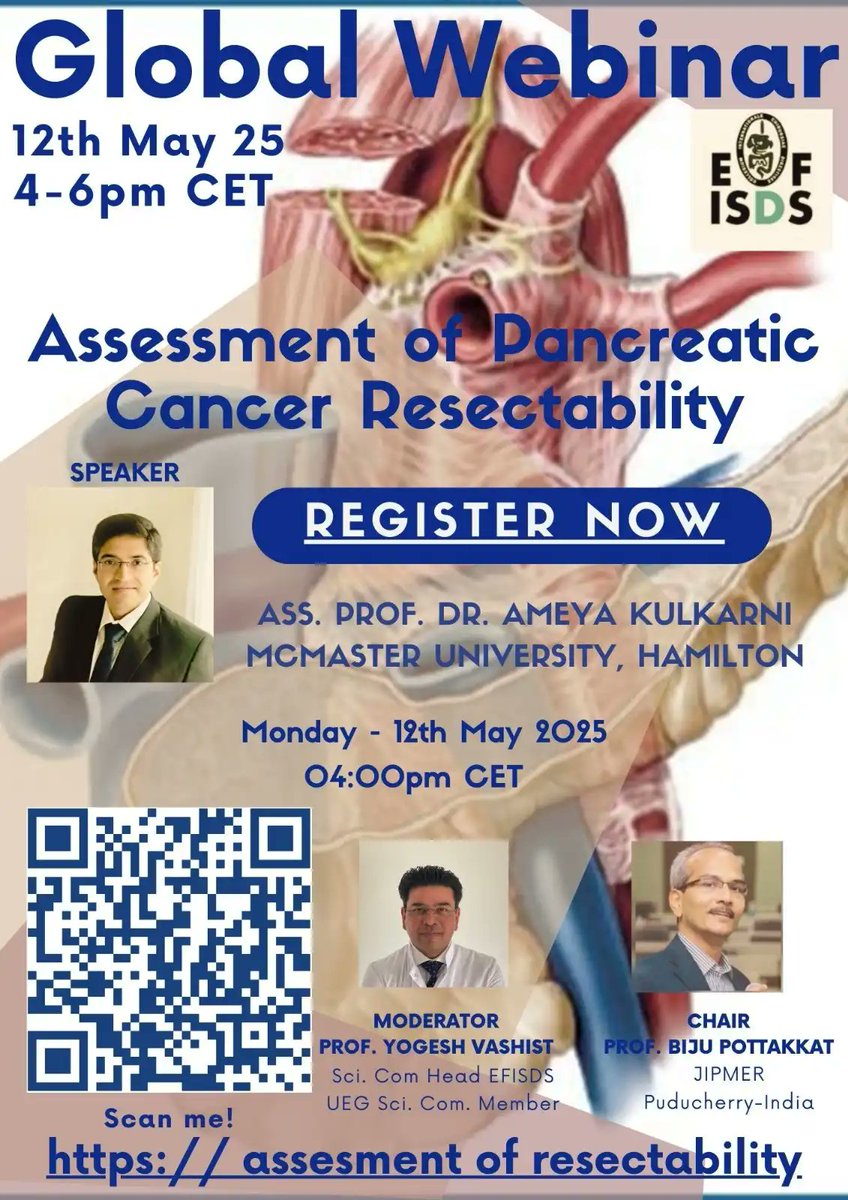 EFISDS GLOBAL WEBINARS
Assessment of Pancreatic Cancer Resectability. 12th May 2025, 4PM CET
Ass. Prof Dr Ameya Kulkarni
Mc Master University, Hamilton
us02web.zoom.us/webinar/regist…

#EFISDS