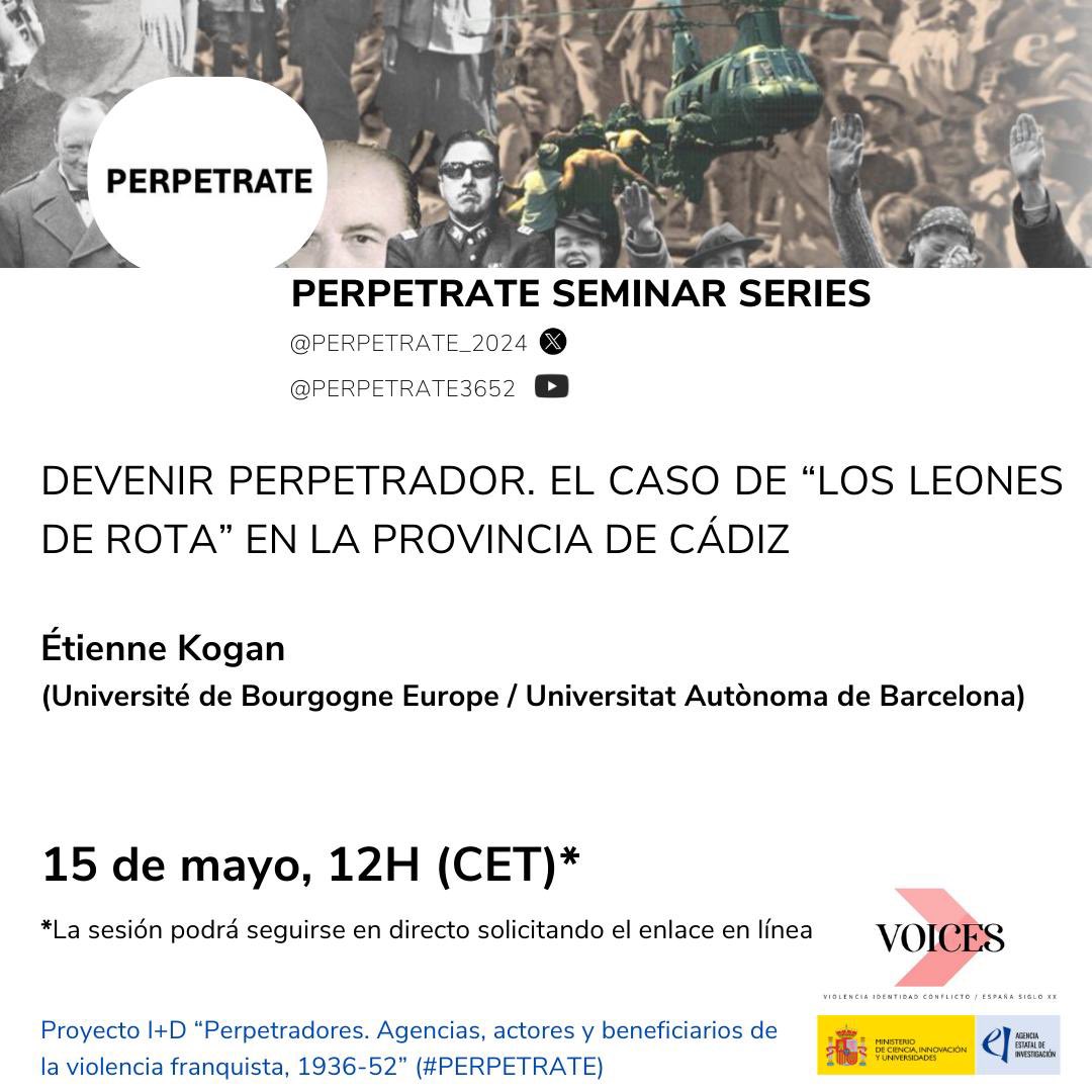 🗓️ Este jueves, 15 de mayo a las 12h, nueva sesión de nuestro Seminario Permanente a cargo de Étienne Kogan, que nos hablará de ‘el giro perpetrador’ y el caso de Los Leones de Rota.

La sesión es en línea y podéis solicitar el enlace de acceso contestando a este tuit o por MD 👇