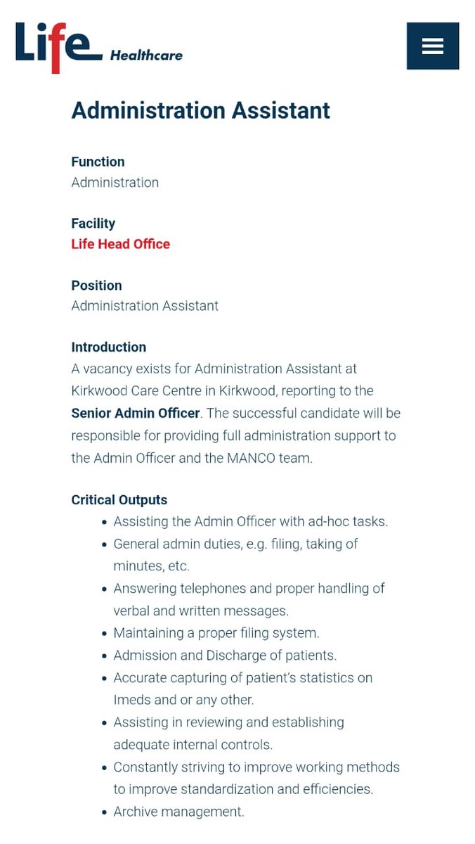 Life Healthcare is Hiring Admin Assistant 📌 Administration Assistant  Requirements Minimum Grade 12. Office Admin studies will be added  advantage. Proficiency in MS Office. Attention to detail. At least 1-year  experience as