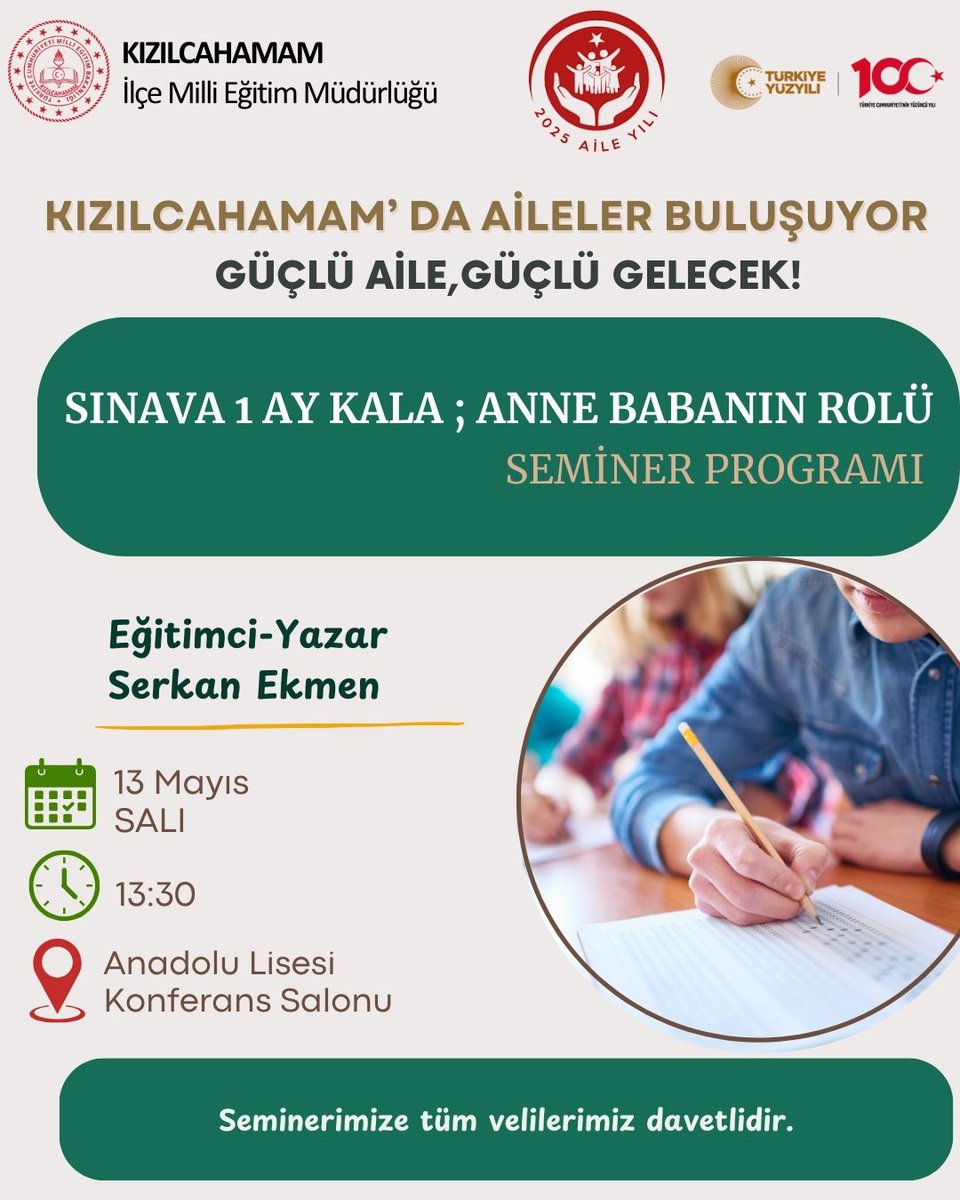 Çocuğunuz sınava hazırlanırken siz de bu sürecin bir parçasısınız!Bu süreçte çocuğunuza nasıl destek olabilirsiniz?
Sınav kaygısıyla nasıl baş edilir?
Motivasyonu artırmak için neler yapılabilir?Soruların yanıtlarını konuşmak için, siz değerli velilerimizi seminerimize bekliyoruz