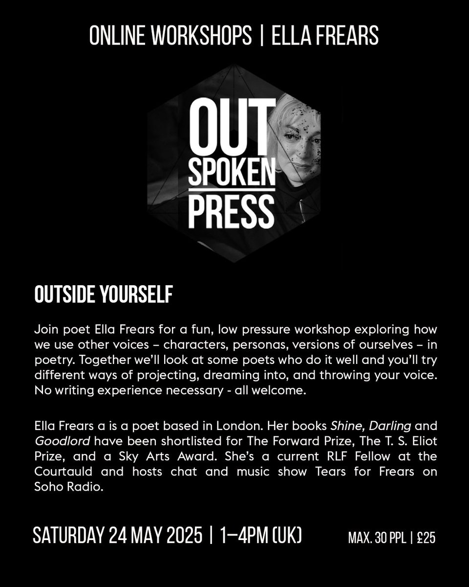 Out-Spoken Press (@outspoken_press) on Twitter photo 📢 Our next online workshop is OPEN for REGISTRATION:
'Outside Yourself' with <a href="/EllaFrears/">Ella Frears</a>
Saturday 24 May 2025, 1–4pm UK
Register now:
outspokenldn.com/shop/outside 📢 Our next online workshop is OPEN for REGISTRATION:
'Outside Yourself' with <a href="/EllaFrears/">Ella Frears</a>
Saturday 24 May 2025, 1–4pm UK
Register now:
outspokenldn.com/shop/outside