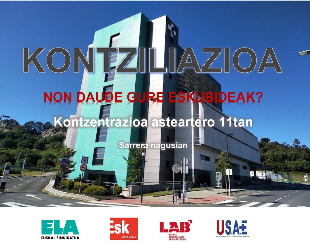 #Osakidetza
Kontziliazio eskubidea Urdulizeko ospitalean orain!
Bihar elkarretaratzea 11:00etan ate nagusian.
-----
¡Derecho a la conciliación en el Hospital de #Urduliz!
Mañana concentración a las  11:00 h en la puerta principal.