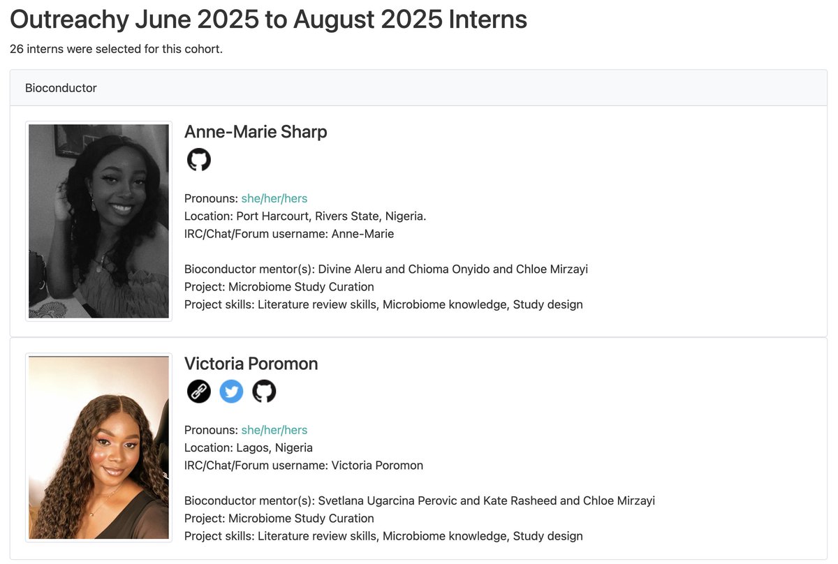 Svetlana Ugarčina Perović (@svetlana_up) on Twitter photo 🎉Delighted to announce: <a href="/Bioconductor/">Bioconductor</a> welcomes Anne-Marie Sharp & <a href="/Burah__/">Victoria (Burah) Poromon</a> as our June-August <a href="/outreachy/">Outreachy Internships</a> interns!
Heartfelt thanks to all applicants who demonstrated excellence during our March-April contribution period. You're the driving force behind #OpenScience & #BugSigDB! 🎉Delighted to announce: <a href="/Bioconductor/">Bioconductor</a> welcomes Anne-Marie Sharp & <a href="/Burah__/">Victoria (Burah) Poromon</a> as our June-August <a href="/outreachy/">Outreachy Internships</a> interns!
Heartfelt thanks to all applicants who demonstrated excellence during our March-April contribution period. You're the driving force behind #OpenScience & #BugSigDB!