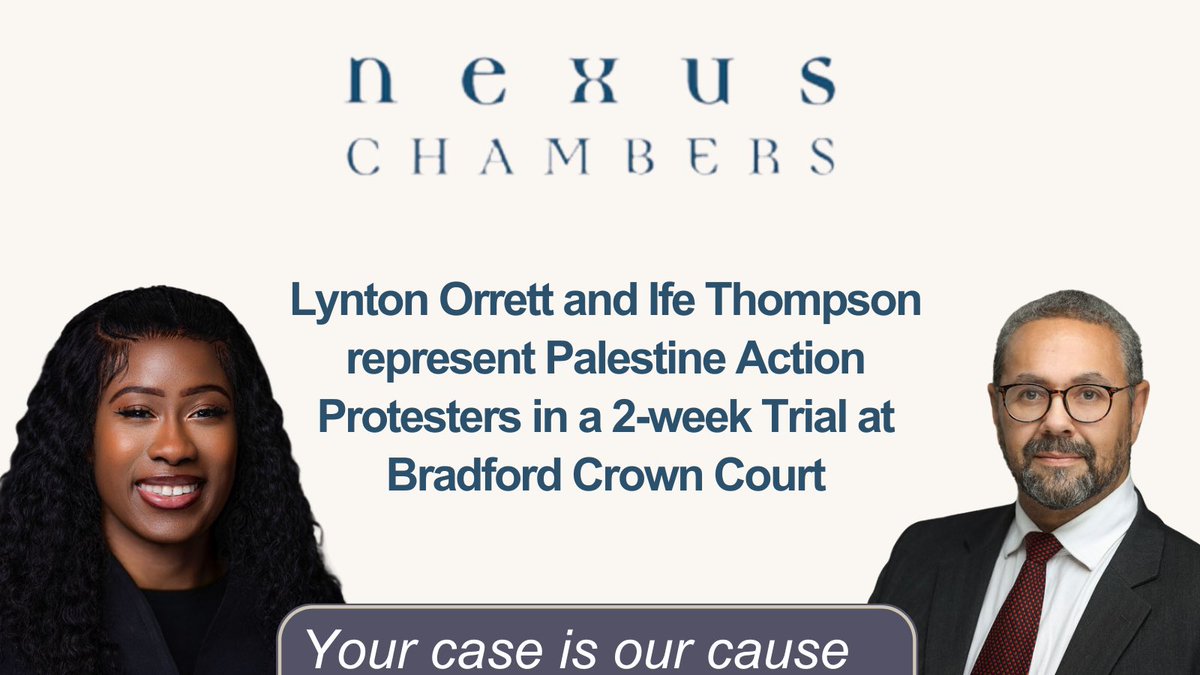 Lynton Orrett &amp; Ife Thompson (<a href="/fufuisonme/">Duchess of Brixton ❤️🖤💚☭</a>) are representing 2 Palestine Action protestors (Bradford 4) facing charges over a rooftop protest at Teledyne’s Shipley factory.

Trial starts 12 May 2025
Instructed by Robert Lizar Solicitors.

More: nexuschambers.com/insights/lynto…