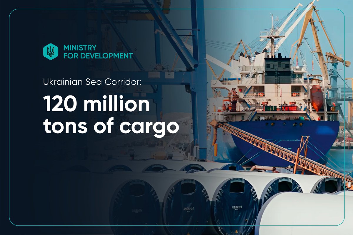 Ministry for Development (@minforuadev) on Twitter photo Since the launch of the Ukrainian Sea Corridor, the ports of "Great Odessa" have processed 120 mln tons of cargo. “The maritime corridor is an instrument of stability that dozens of countries on different continents rely on”, – <a href="/OleksiiKuleba/">Oleksii Kuleba</a> More: bit.ly/3GPkNEE Since the launch of the Ukrainian Sea Corridor, the ports of "Great Odessa" have processed 120 mln tons of cargo. “The maritime corridor is an instrument of stability that dozens of countries on different continents rely on”, – <a href="/OleksiiKuleba/">Oleksii Kuleba</a> More: bit.ly/3GPkNEE