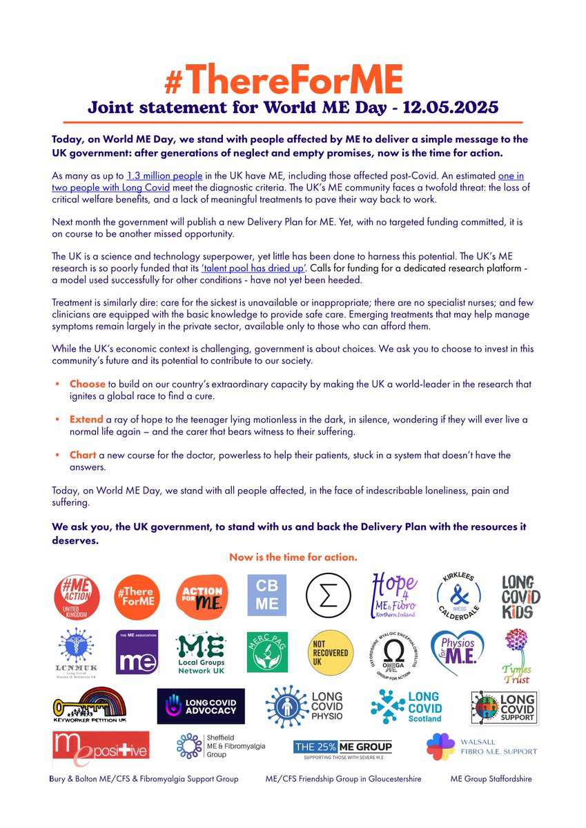 #ThereForME - a joint statement, on #WorldMEDay, from all the charities and organisations that support this horrible, chronic illness (which I have rather naughtily suffered from, for 30+ years).
#MillionsMissing #MEWarrior #ChronicIllness