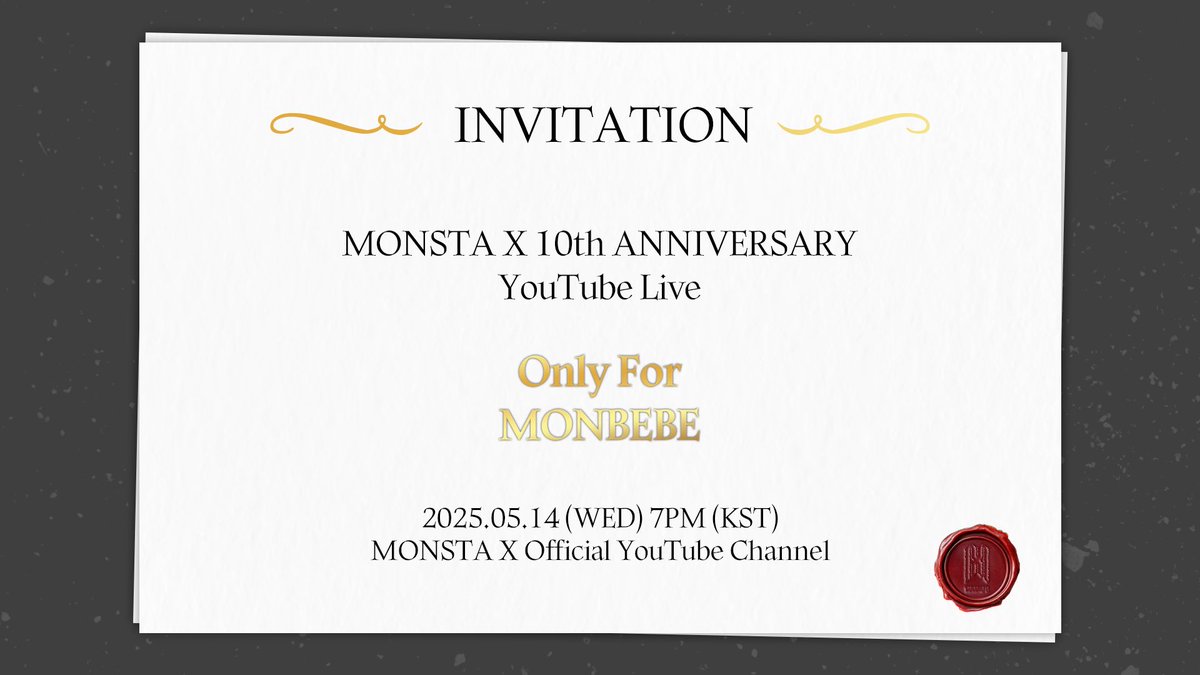 𝟐𝟓𝟎𝟓𝟏𝟒 𝐌𝐎𝐍𝐒𝐓𝐀 𝐗
𝟏𝟎𝐭𝐡 𝐀𝐍𝐍𝐈𝐕𝐄𝐑𝐒𝐀𝐑𝐘🍷

몬스타엑스 완전체와 함께할 10번째 514 DAY
YouTube Live에서 기다리고 있겠습니다.

🗓 25.05.14 (수) 7PM (KST)

#몬스타엑스 #MONSTAX #MONSTA_X
#몬스타엑스10주년 #10YearsWithMONSTAX

▶ youtube.com/live/Z9UFMhuNb…