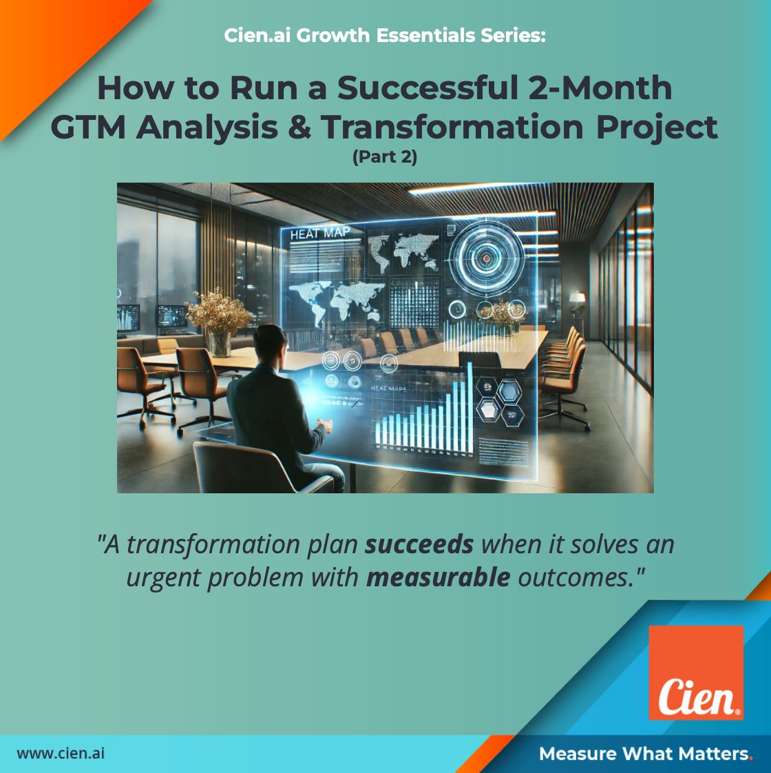 Solve the right problems, accelerate measurable growth, and stay ahead with Cien.ai.

Part 2 of our Growth Essentials Series, "How to Run a Successful 2-Month GTM Analysis &amp; Transformation Project," is live.

Read the entire article here - buff.ly/3VtCiyQ.