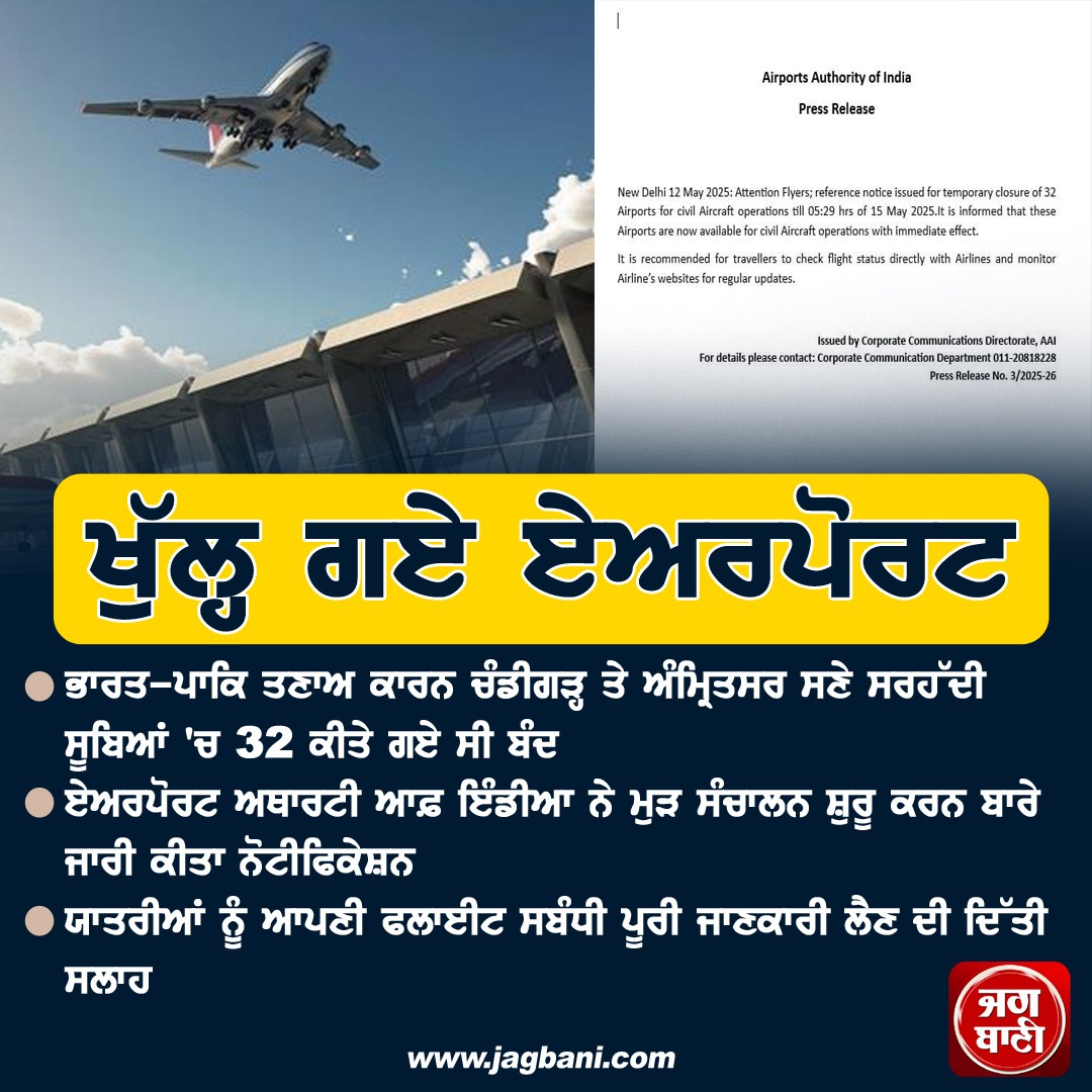 JagbaniOnline's tweet image. ਖੁੱਲ੍ਹ ਗਏ ਏਅਰਪੋਰਟ
#Airports #Reopened #Airport #Ceasefire #War #India #Pakistan #AirportsAuthorityOfIndia #Amritsar #Chandigarh #BorderArea