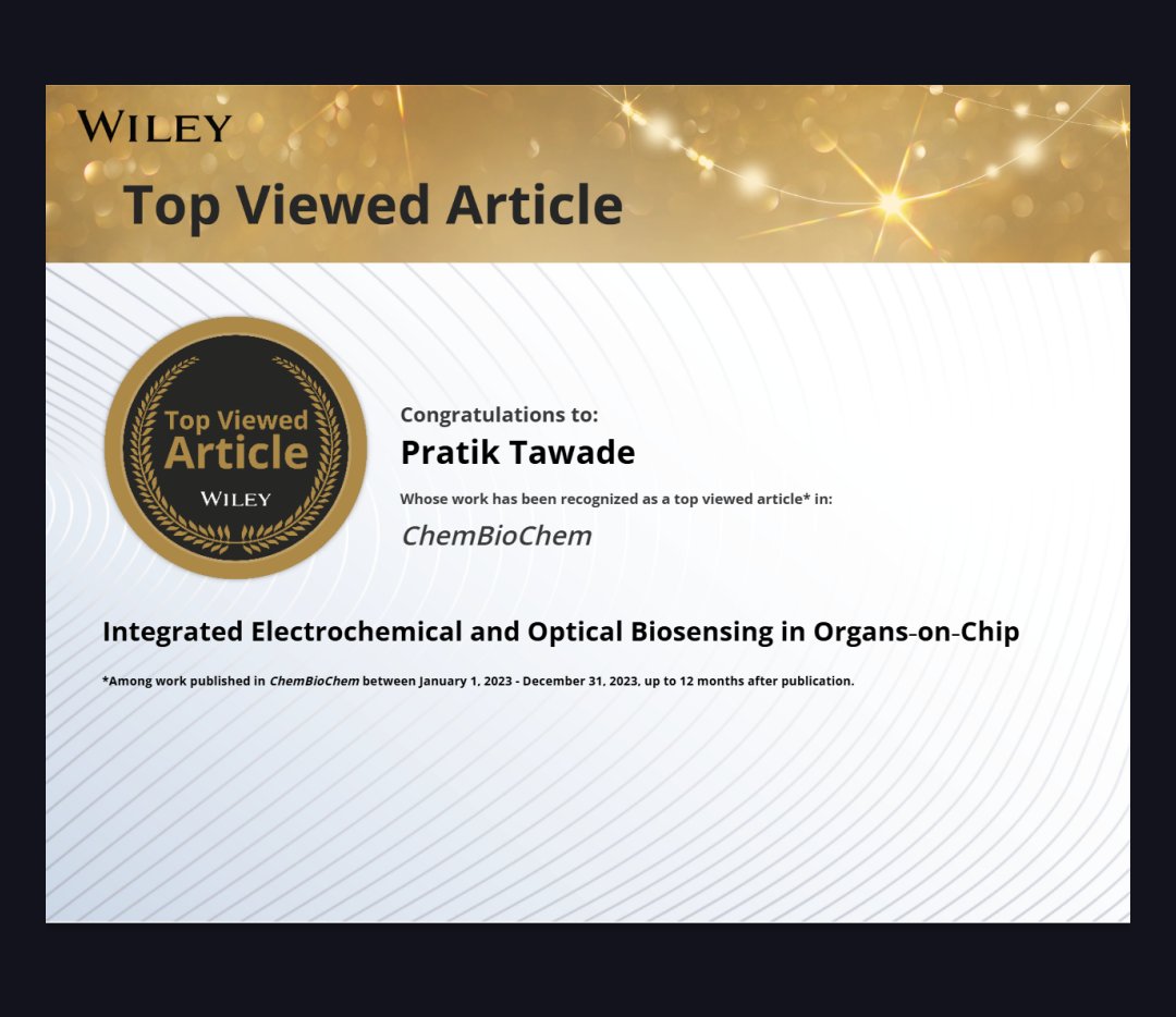 Pratik Tawade (@pratiktawade5) on Twitter photo Our paper published in <a href="/ChemBioChem/">ChemBioChem</a> journal just hit 'top viewed' status! 🥳
Click the link below if you are interested in Organ-on-Chip or Biosensing and everything in between 😁
Paper Link: shorturl.at/sVEvU
<a href="/ChemistryEurope/">Chemistry Europe</a> <a href="/tudelft/">TU Delft</a>
#organonchip #biosensor Our paper published in <a href="/ChemBioChem/">ChemBioChem</a> journal just hit 'top viewed' status! 🥳
Click the link below if you are interested in Organ-on-Chip or Biosensing and everything in between 😁
Paper Link: shorturl.at/sVEvU
<a href="/ChemistryEurope/">Chemistry Europe</a> <a href="/tudelft/">TU Delft</a>
#organonchip #biosensor