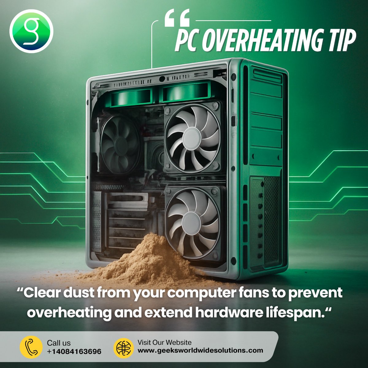 geek__solutions's tweet image. PC Overheating Tip!
Clearing dust from your computer fans can prevent overheating and prolong the life of your device.
📞 Call us for expert PC cleaning and maintenance: +1 408 416 3696
#TechTips #PCMaintenance #ComputerCare #OverheatingFix #GeekHelp #DustFreePC #PCRepair