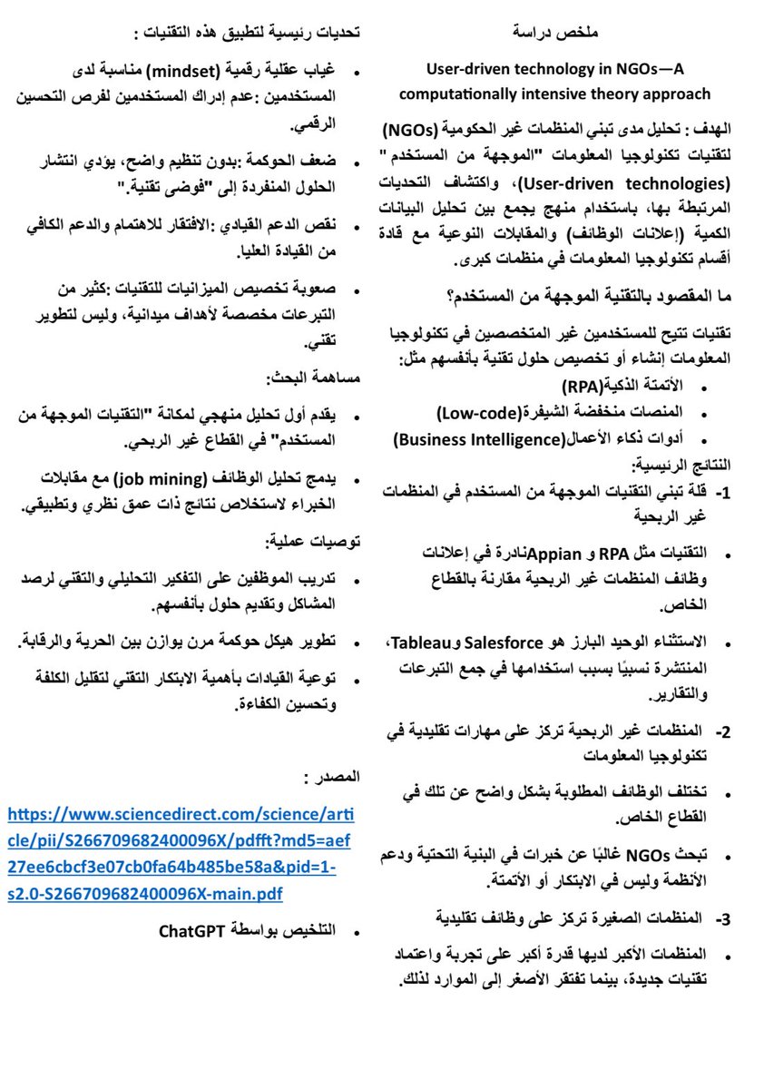 ملخص دراسة 
التقنيات الموجهة من المستخدم 
في القطاع الغير ربحي NGOs