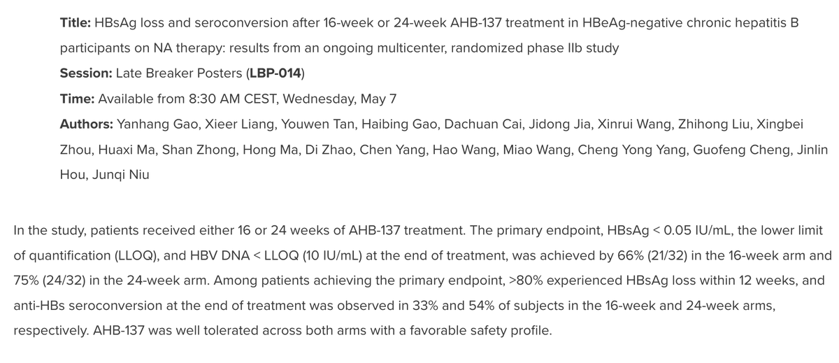chuminhua432's tweet photo. 🇨🇳 #AusperBio  announced the presentation of end-of-treatment (EOT) clinical data from its ongoing Phase IIb trial of AHB-137 in a late-breaking poster session #easl2025   https://t.co/nwcLe57kHa

AHB-137 is an investigational antisense oligonucleotide (ASO) targeting chronic hepatitis B virus (HBV) infection for functional cure. 

16 or 24 weeks of AHB-137 treatment. 
The primary endpoint, HBsAg < 0.05 IU/mL, the lower limit of quantification (LLOQ), and HBV DNA < LLOQ (10 IU/mL) at the end of treatment, 
was achieved by 66% (21/32) in the 16-week arm and 75% (24/32) in the 24-week arm. 

Among patients achieving the primary endpoint, >80% experienced HBsAg loss within 12 weeks, and anti-HBs seroconversion at the end of treatment was observed in 33% and 54% of subjects in the 16-week and 24-week arms, respectively.