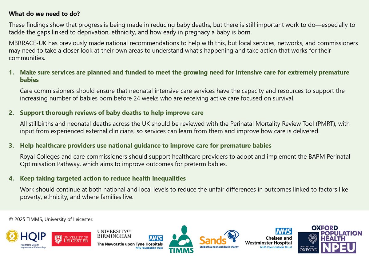 NPEU_Oxford's tweet image. These findings show that progress is being made in reducing baby deaths but there is still important work to do, especially to tackle the gaps linked to deprivation, ethnicity, and how early in pregnancy a baby is born. @TIMMSleicester @mbrrace