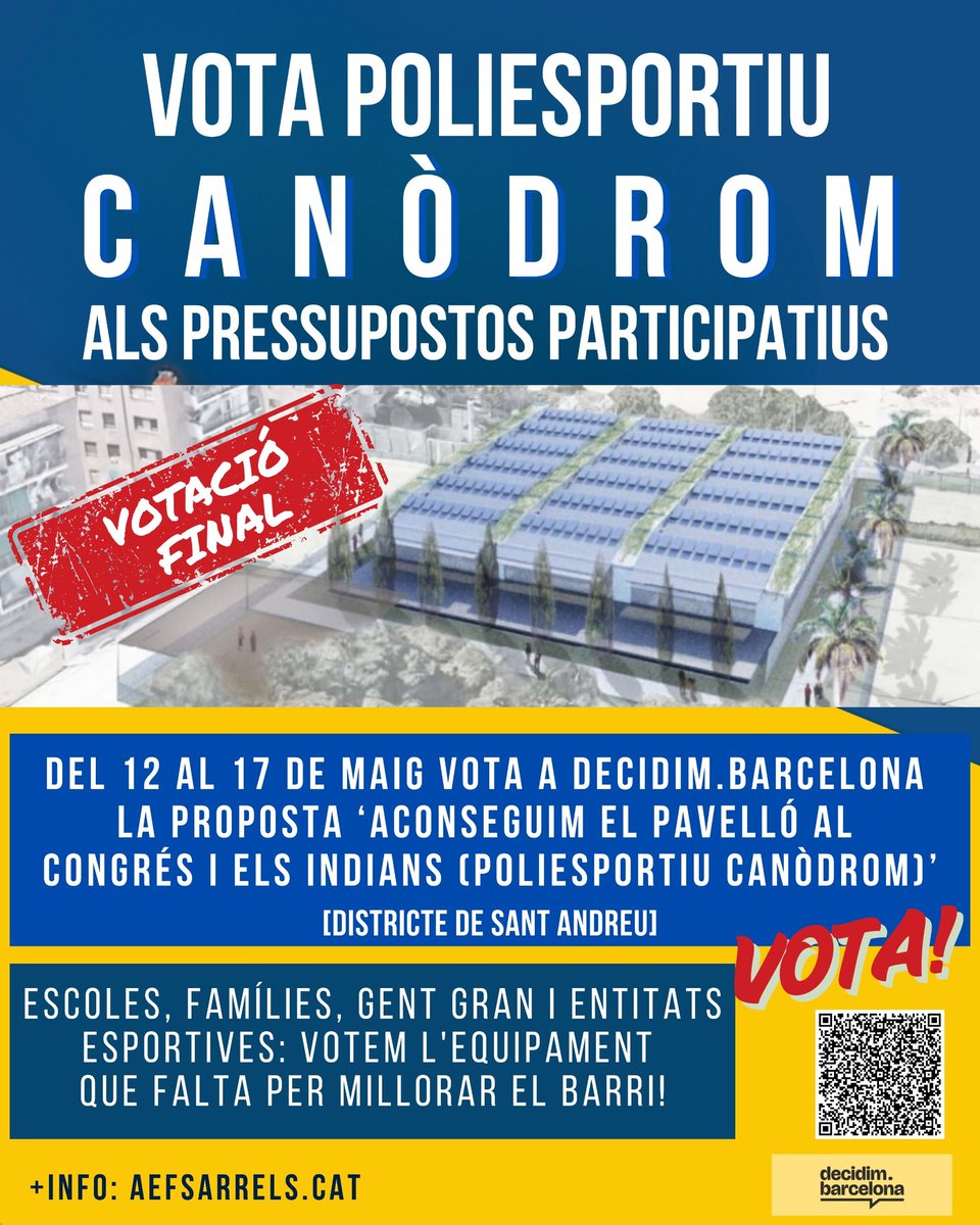 Vota per aconseguir el #PoliesportiuCanòdrom! 🗳️🏟️

📢  Vota un equipament necessari per a escoles, famílies, gent gran i clubs

🗳️💪🏼 Fa 25 anys que reclamem el pavelló al #CongresIndians

🙏🏼 Necessitem el teu vot per aconseguir-lo aquesta setmana!

🔗 bit.ly/42LzQYu