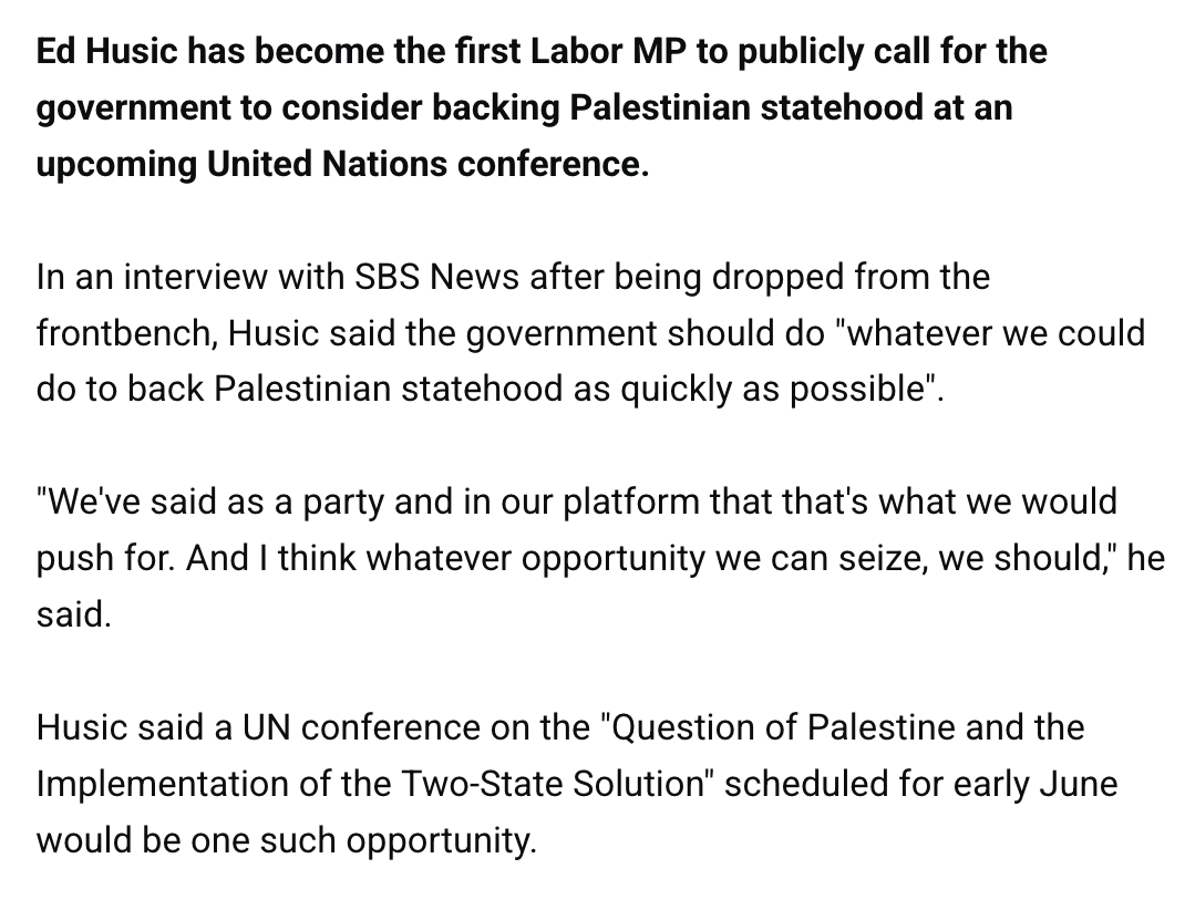 Ed Husic adds his voice to the call for Australia to recognise Palestine at the special UN Conference on statehood next month. Labor Friends of Palestine is writing to MPs asking them to get on board and speak up for Labor in government to implement official party policy