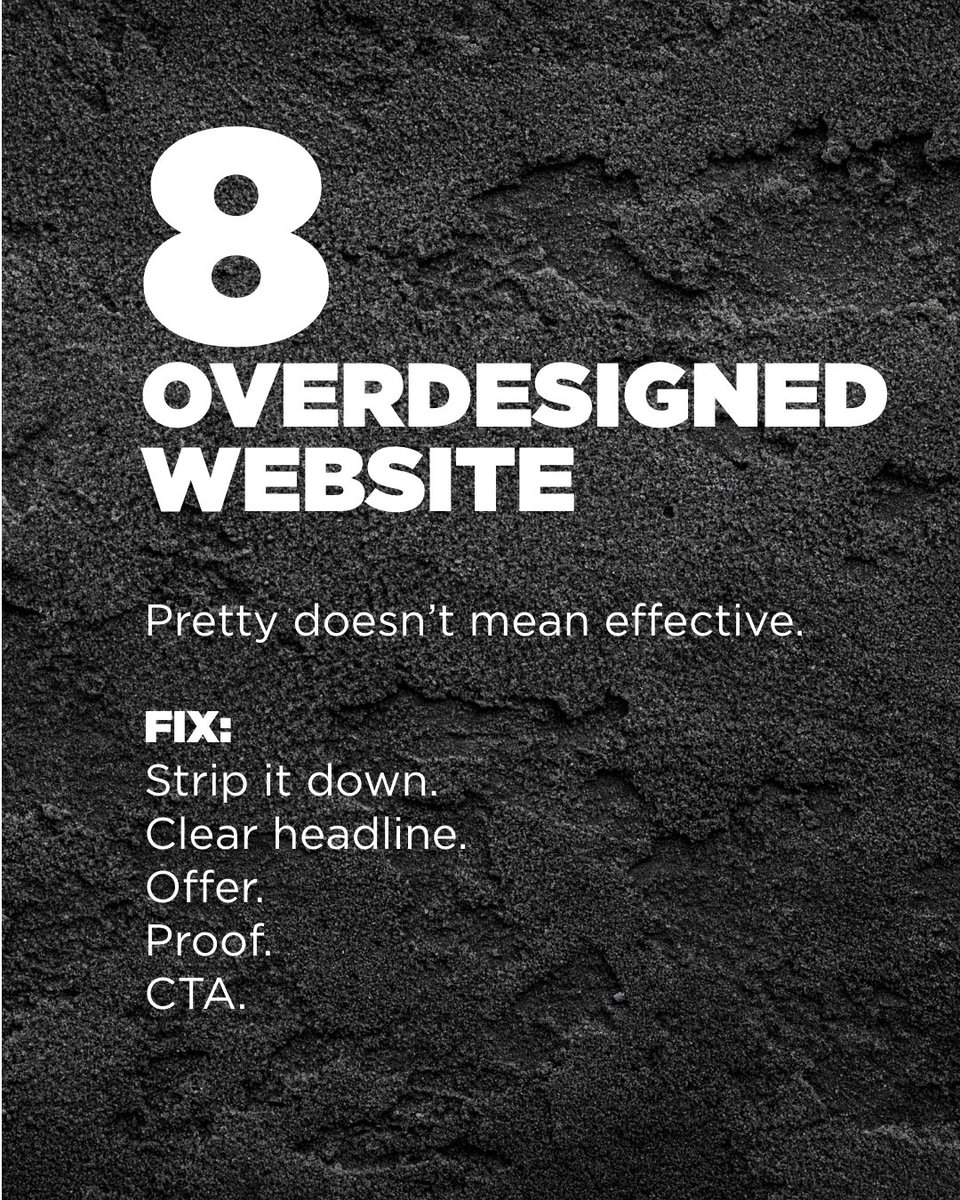 10 Things Killing Your Brand

#8.

🏛️ A pretty website isn’t a working one.
Design without clarity is a museum — not a funnel.

📥 Download the no-fluff layout that converts:
mediafarm.co.za/thank-you/?utm…

#10ThingsKillingYourBrand #branding #marketing