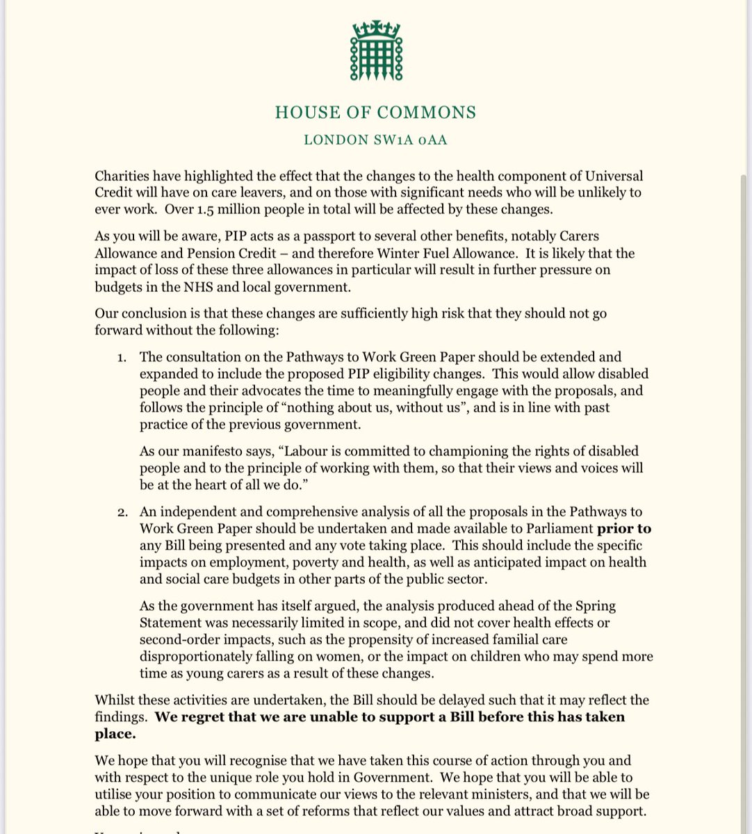 Kieron Clarke (@kieronishere) on Twitter photo Excl: The letter from Labour MPs to the chief whip with concerns about welfare changes.
They “regret” being “unable to support a bill” until:
-greater consultation with disabled people
-independent & comprehensive analysis on the impacts on employment, poverty and health
<a href="/GMB/">Good Morning Britain</a> Excl: The letter from Labour MPs to the chief whip with concerns about welfare changes.
They “regret” being “unable to support a bill” until:
-greater consultation with disabled people
-independent & comprehensive analysis on the impacts on employment, poverty and health
<a href="/GMB/">Good Morning Britain</a>