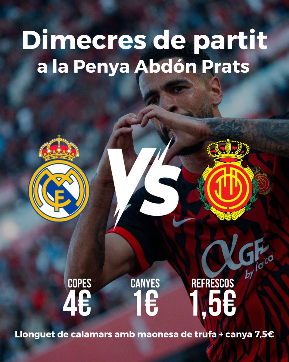 Dimecres jugam al Bernabéu i nosaltres veurem es partit tots plegats. T’apuntes?

🍽️El Bar Pigalle ens farà un boníssim llonguet de calamars amb maonesa de trufa + canya per 7,5€. 

🍺Durant el partit canyes a 1€ i combinats a 4€

🕤 21:30h
📍 Bar Pigalle