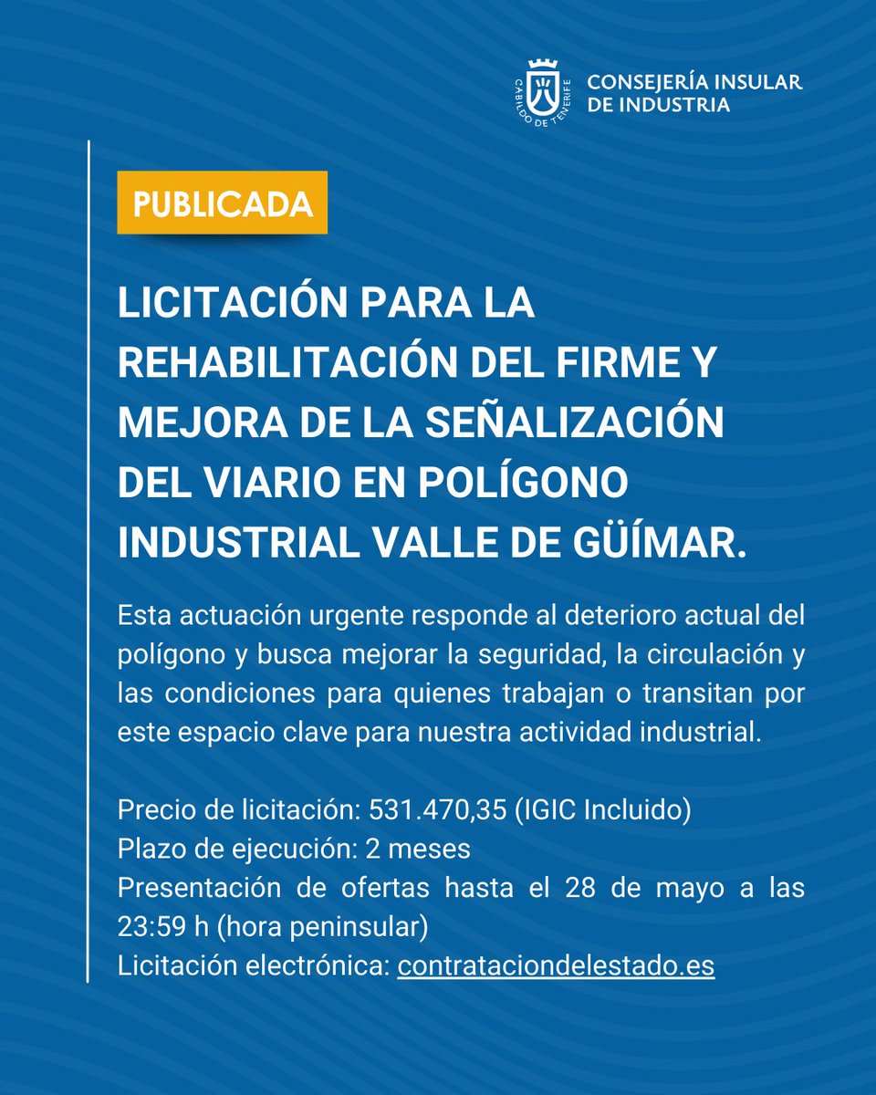 ✅ Cumplimos con nuestro compromiso de dignificar los espacios industriales. Desde la consejería impulsamos la licitación de las obras en el Polígono de Güímar 🚧

Seguimos avanzando con hechos 💪 por una industria fuerte 📈 y a la altura del talento que mueve Tenerife 🌍