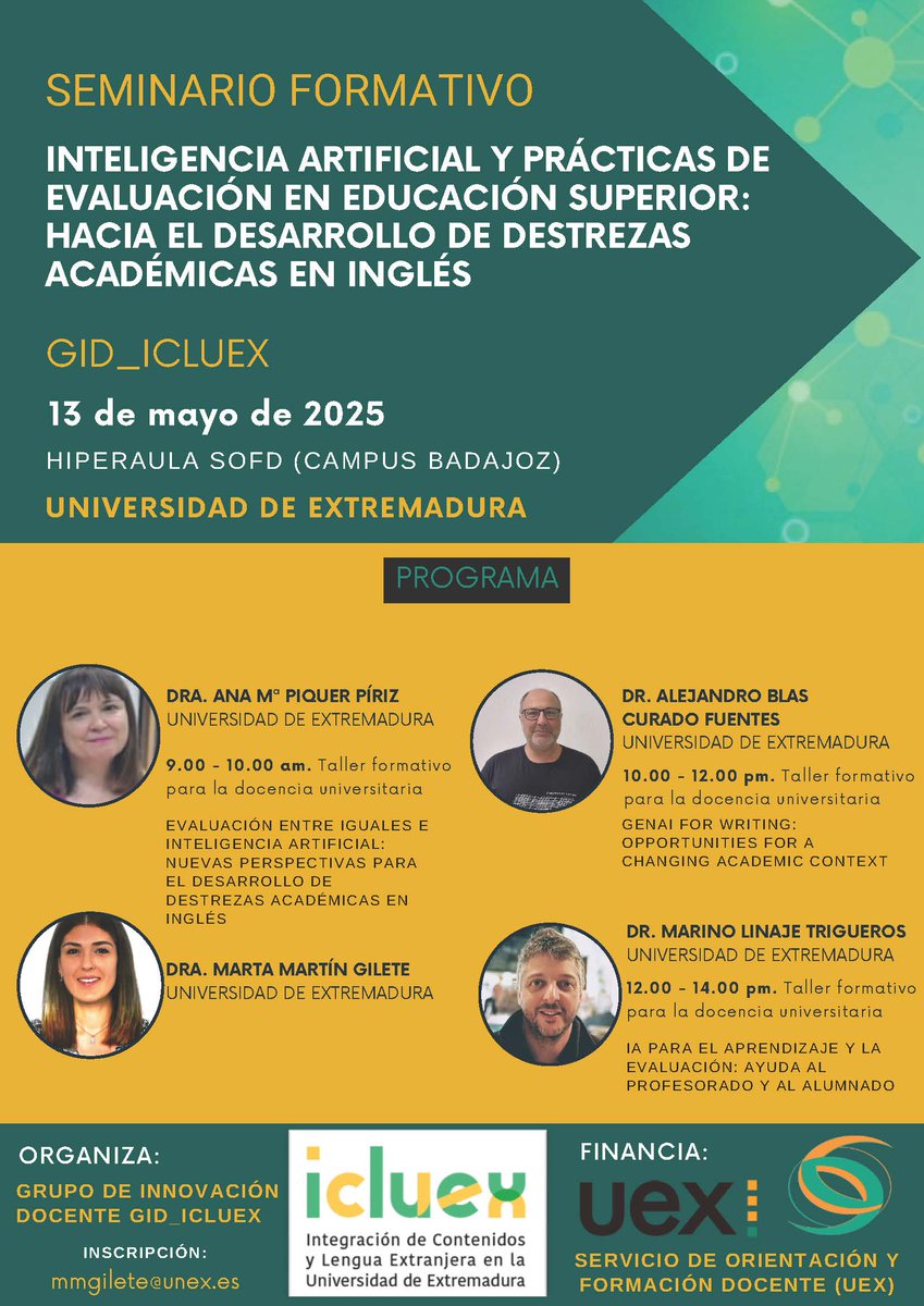 SOFD (@sofdplan) on Twitter photo Mañana martes 13 de mayo a partir de las 9 h, se celebrará en el Hiperaula del SOFD , el seminario formativo "INTELIGENCIA ARTIFICIAL Y PRÁCTICAS DE
EVALUACIÓN EN EDUCACIÓN SUPERIOR:
HACIA EL DESARROLLO DE DESTREZAS
ACADÉMICAS EN INGLÉS"
Inscripciones:
mmgilete@unex.es Mañana martes 13 de mayo a partir de las 9 h, se celebrará en el Hiperaula del SOFD , el seminario formativo "INTELIGENCIA ARTIFICIAL Y PRÁCTICAS DE
EVALUACIÓN EN EDUCACIÓN SUPERIOR:
HACIA EL DESARROLLO DE DESTREZAS
ACADÉMICAS EN INGLÉS"
Inscripciones:
mmgilete@unex.es