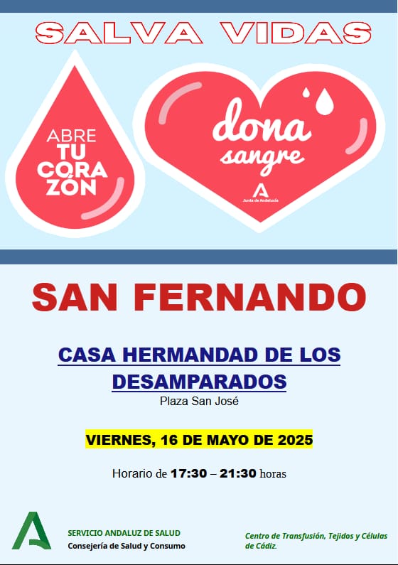 🩸 𝐃𝐎𝐍𝐀 𝐒𝐀𝐍𝐆𝐑𝐄 🩸

La Hermandad de Desamparados ha anunciado que el próximo 𝐯𝐢𝐞𝐫𝐧𝐞𝐬 𝟏𝟔 𝐝𝐞 𝐦𝐚𝐲𝐨, se llevará a cabo una colecta de donación de sangre.
