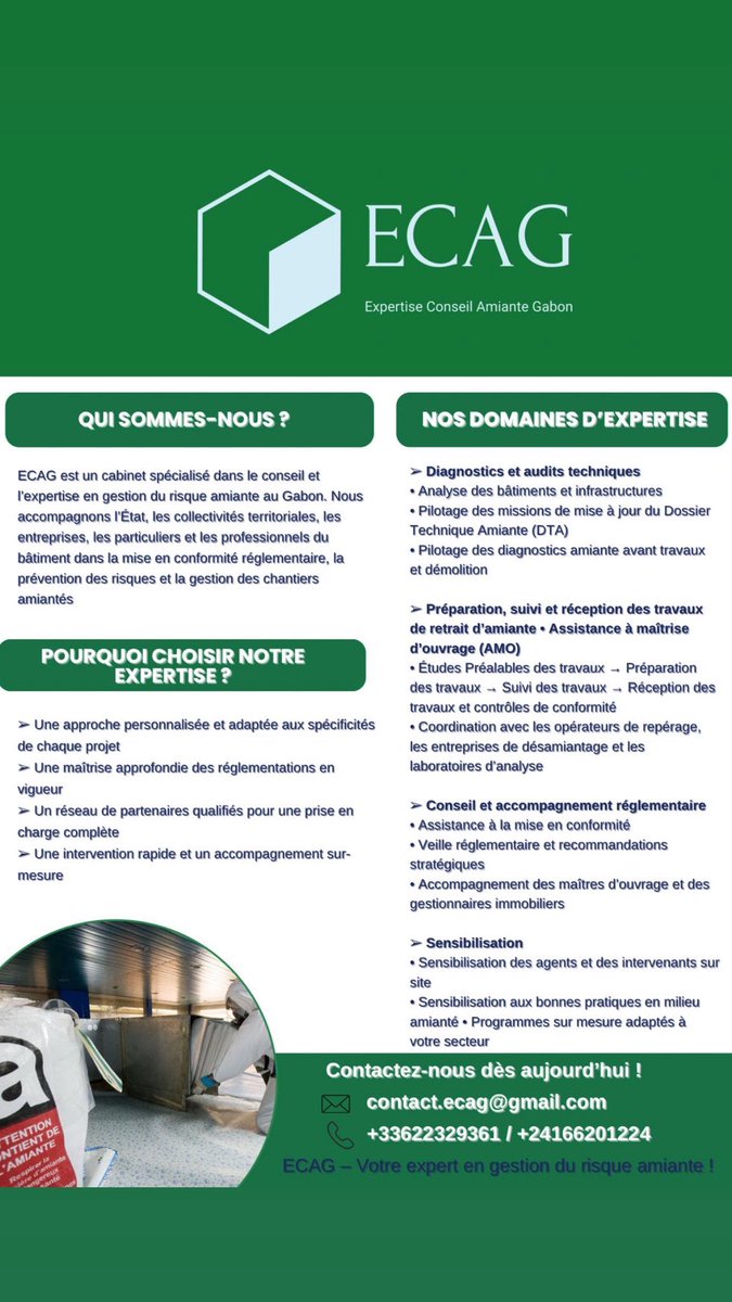 MFmelvyn's tweet image. Notre expertise à votre service ! 

Je suis heureux de vous présenter la carte de visite de mon cabinet ECAG - Expertise, Conseil, Amiante, Gabon. (1/3)