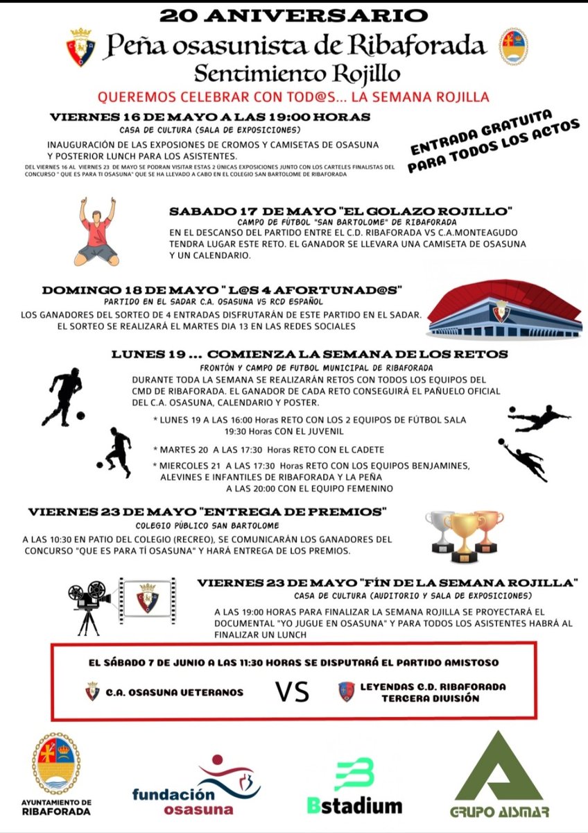 Rojillos, Rojillas!! 🔴🔵
📢¿Me ayudáis con un RT a difundir lo que la Peña osasunista de Ribaforada hemos preparado con tanto cariño e ilusión?

Estáis tod@s invitados!!!!!