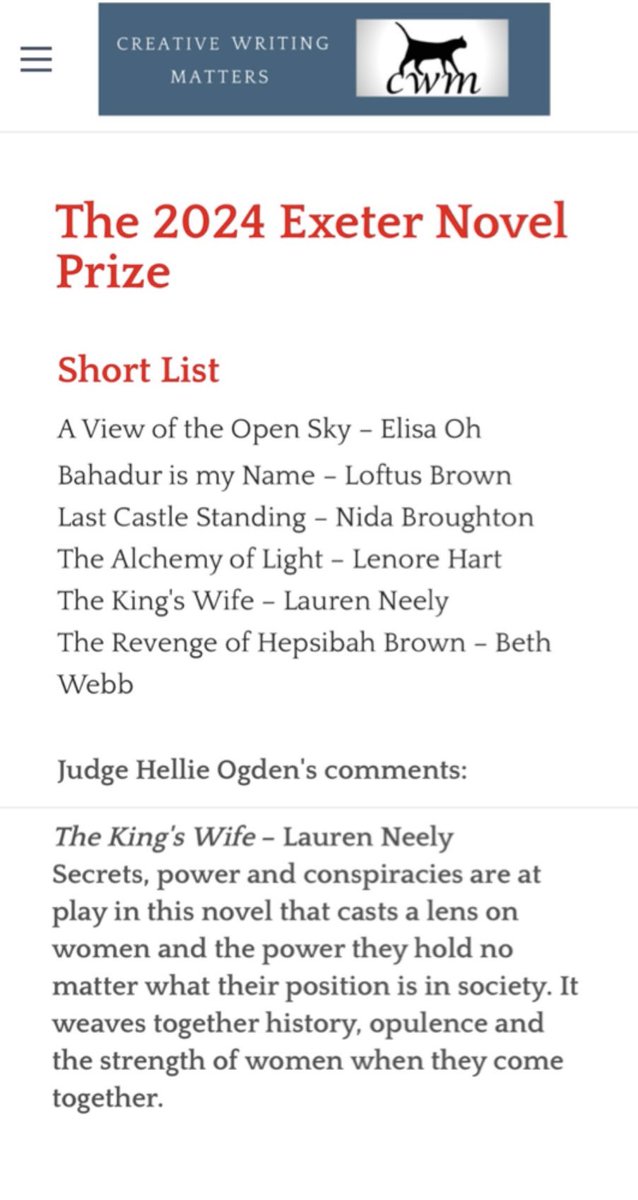 #LiteraryAgents my debut book baby is still looking for champion representation.

THE KING’S WIFE was #shortlist for the Exeter!

Judge <a href="/HellieOgden/">Hellie Ogden</a>’s comments are spot on! She “gets” it.
 
#books #writingcommunity #historicalfiction <a href="/WritingRefuge/">Writing Away Refuge</a>