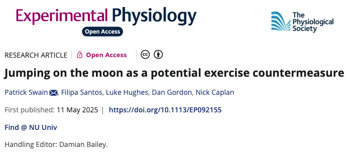 _LukeHughes_'s tweet image. Our new paper and latest from @Patrick_M_Swain PhD & Filipa Santos. We demonstrate that jumping in simulated Lunar-gravity (~17% bodyweight) in the Variable Gravity Suspension System enables cardiovascular exercise in the moderate and heavy intensity domains which may benefit…