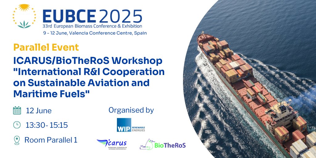 ✈️ 🛳️ Are you interested in learning more about the latest advances in SAF and maritime biofuels production?

Participate in this very informative #EUBCE2025 Parallel Event!

This workshop will present and discuss results from the two Horizon Europe projects ICARUS and