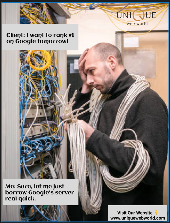 UniqueWebWorld1's tweet image. Client: “I want to rank #1 on Google tomorrow!”
Me: “Sure, let me just borrow Google’s server real quick.” 😎🔌💻
Because SEO doesn&apos;t run on wishful thinking… or shortcuts. 😅
#SEOReality #ClientExpectations #GoogleRankDreams #DigitalMarketingHumour #MarketingMemes #SEOIndia