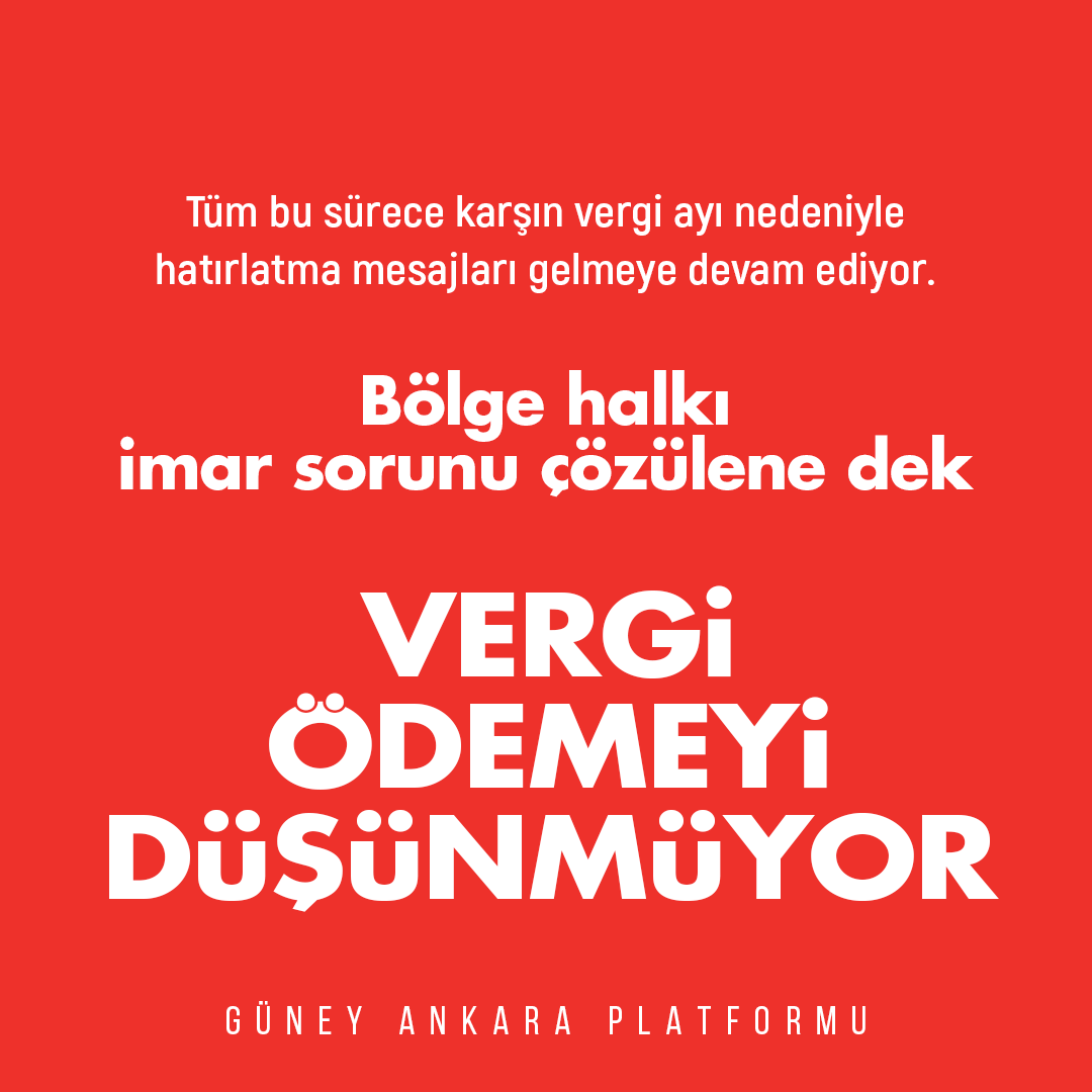 Karataş, Mühye ve Yakupabdal imarı 10 yıldır bitirilmiyor ama emlak vergisi mesajları gelmeye devam ediyor. 

Alınmayan hizmetin vergisi olur mu?

<a href="/hcanguner/">Hüseyin Can Güner</a> <a href="/mansuryavas06/">Mansur Yavaş</a>