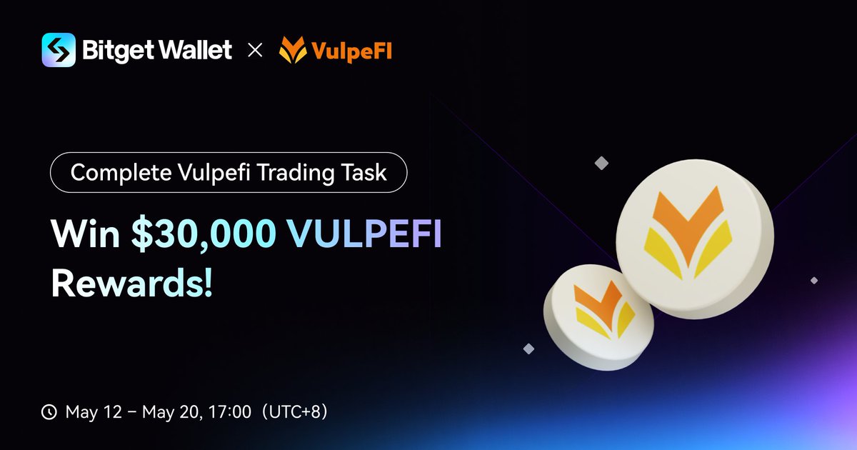 BitgetWallet's tweet photo. Bitget Wallet x @vulpefi airdrop task starts now!

🗓 May 12 – 20, 17:00 (UTC+8)
🎁 $30,000 in $VULPEFI

🪂 Join the Airdrop:
• Trade ≥ $15 BNB/USDT on VulpeFi
• Follow @vulpefi
• Join our Telegram: https://t.co/OimzMjUQTQ

🔥 Eligible participants get min. $5 in rewards! https://t.co/dbJOvhU21r