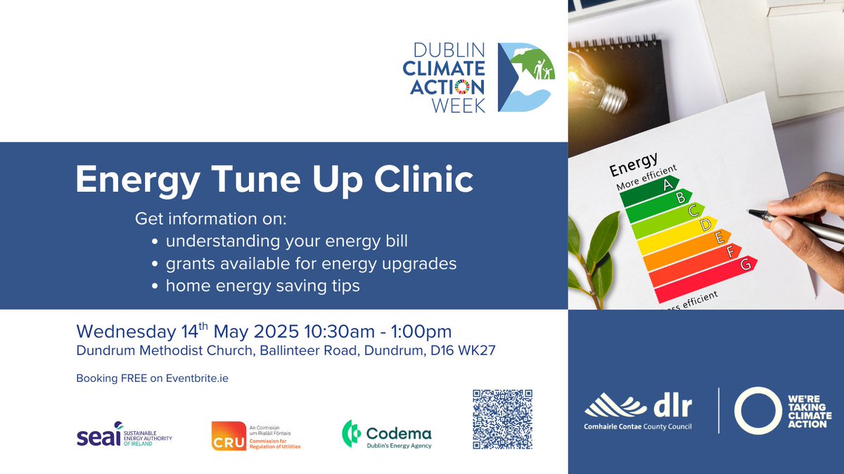 Codema (@codemadublin) on Twitter photo Still some spots left for <a href="/dlrcc/">Dún Laoghaire-Rathdown County Council</a>'s free Energy Tune Up Clinic taking place this Wednesday as part of #DCAW25. 
ℹ️Great info on:
⚡️Understanding your bills
💵Grants available for energy upgrades
🏡Saving energy at home and cutting costs
🔗Register now: bit.ly/44Bh5Ze Still some spots left for <a href="/dlrcc/">Dún Laoghaire-Rathdown County Council</a>'s free Energy Tune Up Clinic taking place this Wednesday as part of #DCAW25. 
ℹ️Great info on:
⚡️Understanding your bills
💵Grants available for energy upgrades
🏡Saving energy at home and cutting costs
🔗Register now: bit.ly/44Bh5Ze